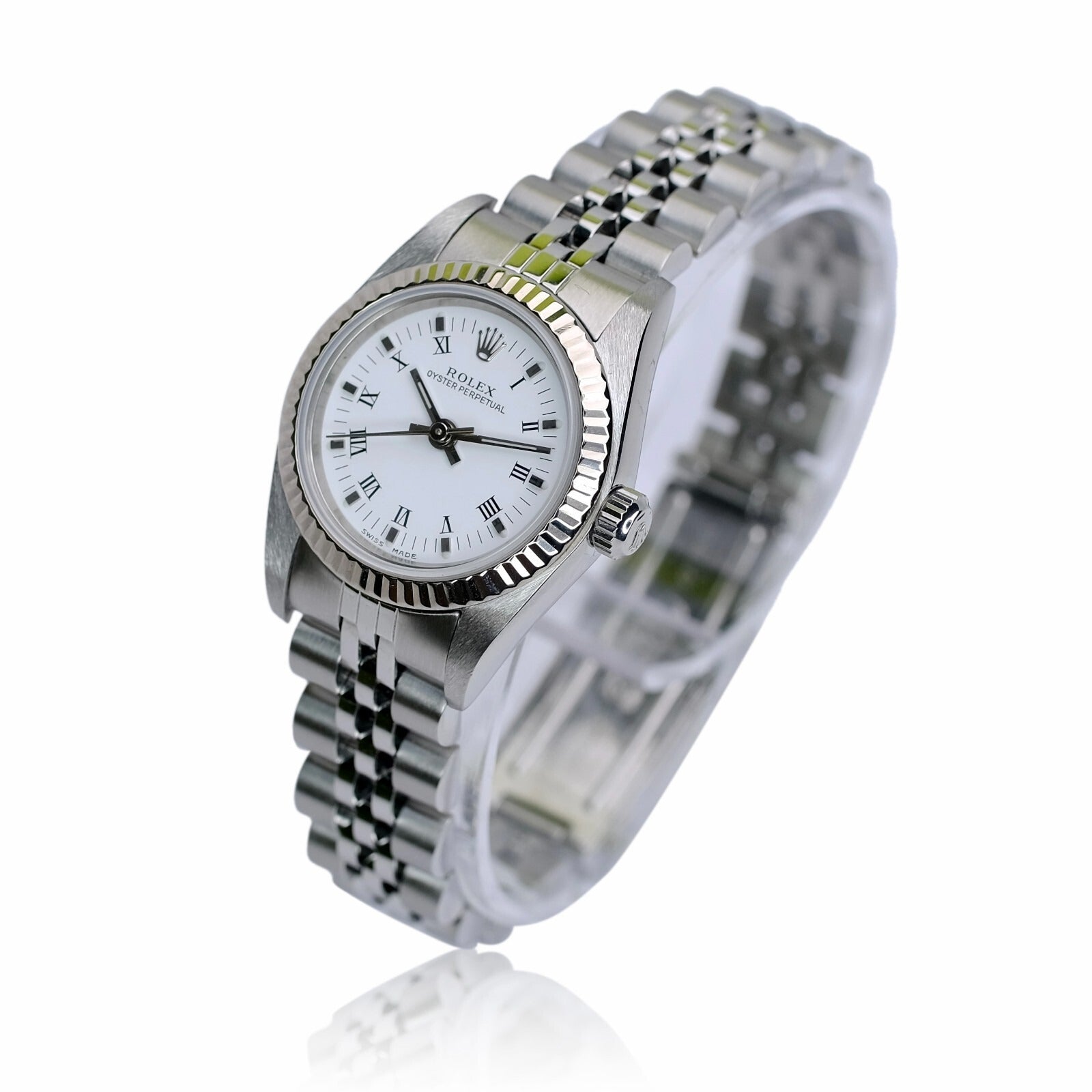 Rolex Ladies Watch Oyster Perpetual 18KW & SS White Dial Fluted Jubilee 76094 - Luxuriant Concierge