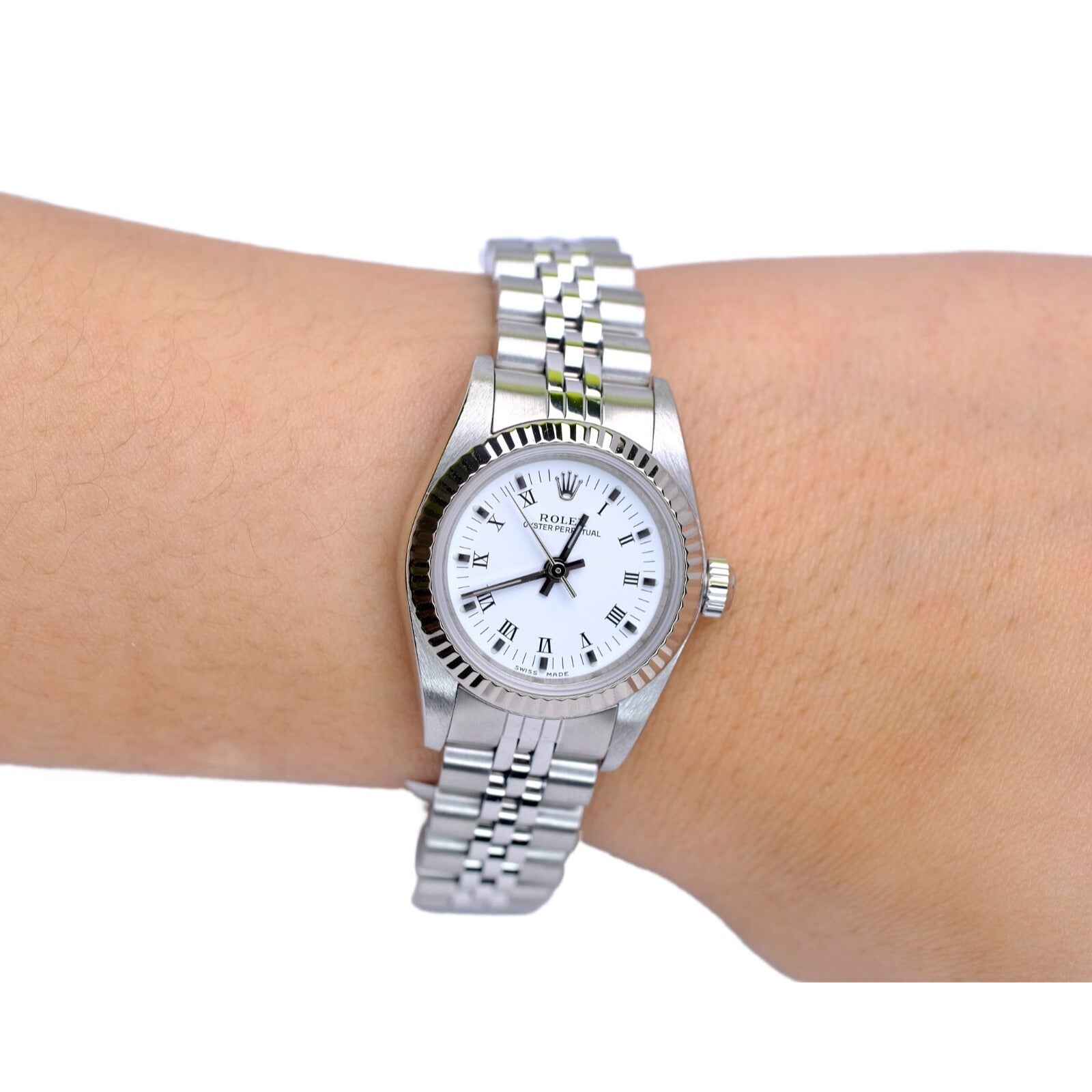 Rolex Ladies Watch Oyster Perpetual 18KW & SS White Dial Fluted Jubilee 76094 - Luxuriant Concierge