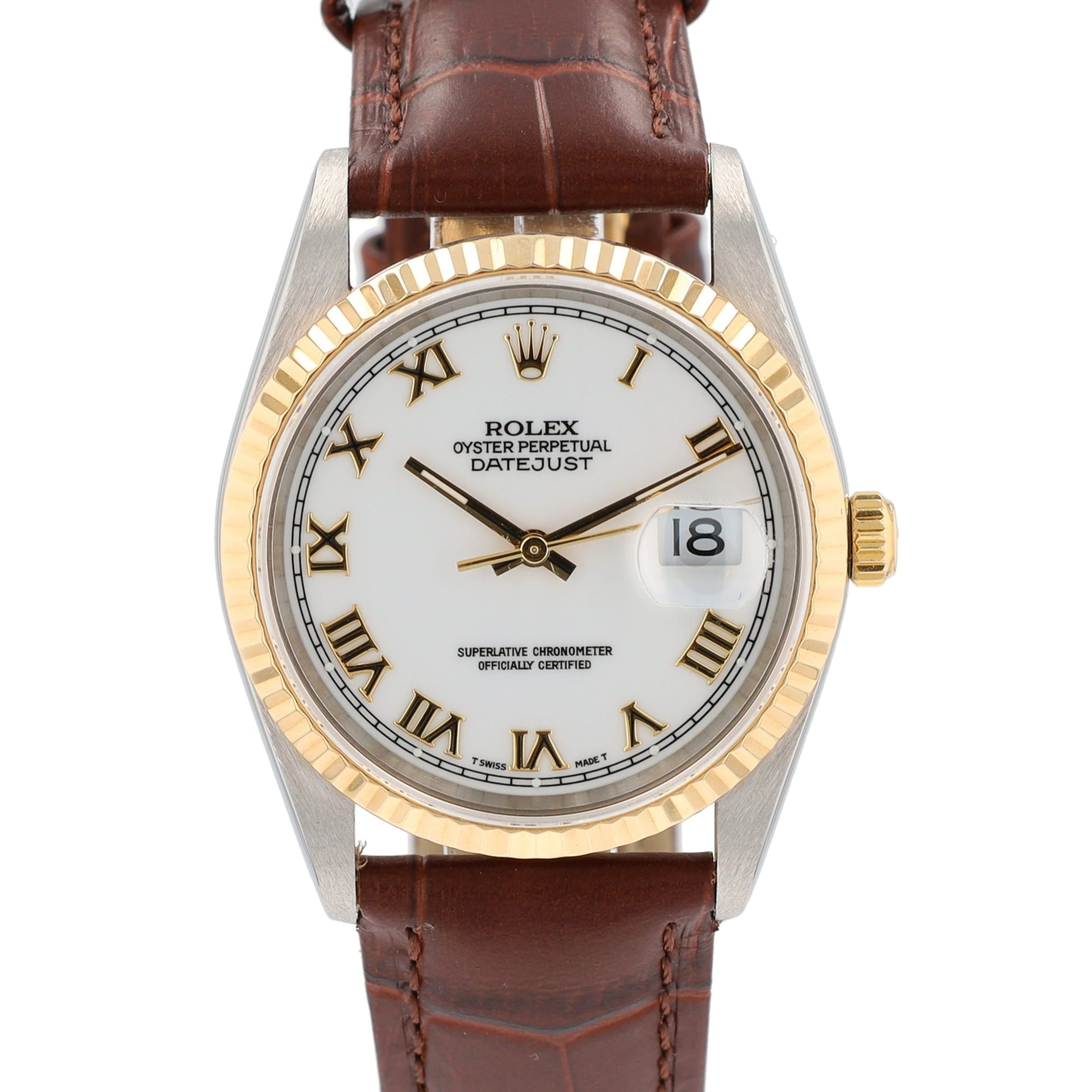 Rolex Datejust 16233 36mm White Roman Numeral Dial Fluted Bezel Brown Band - Luxuriant Concierge