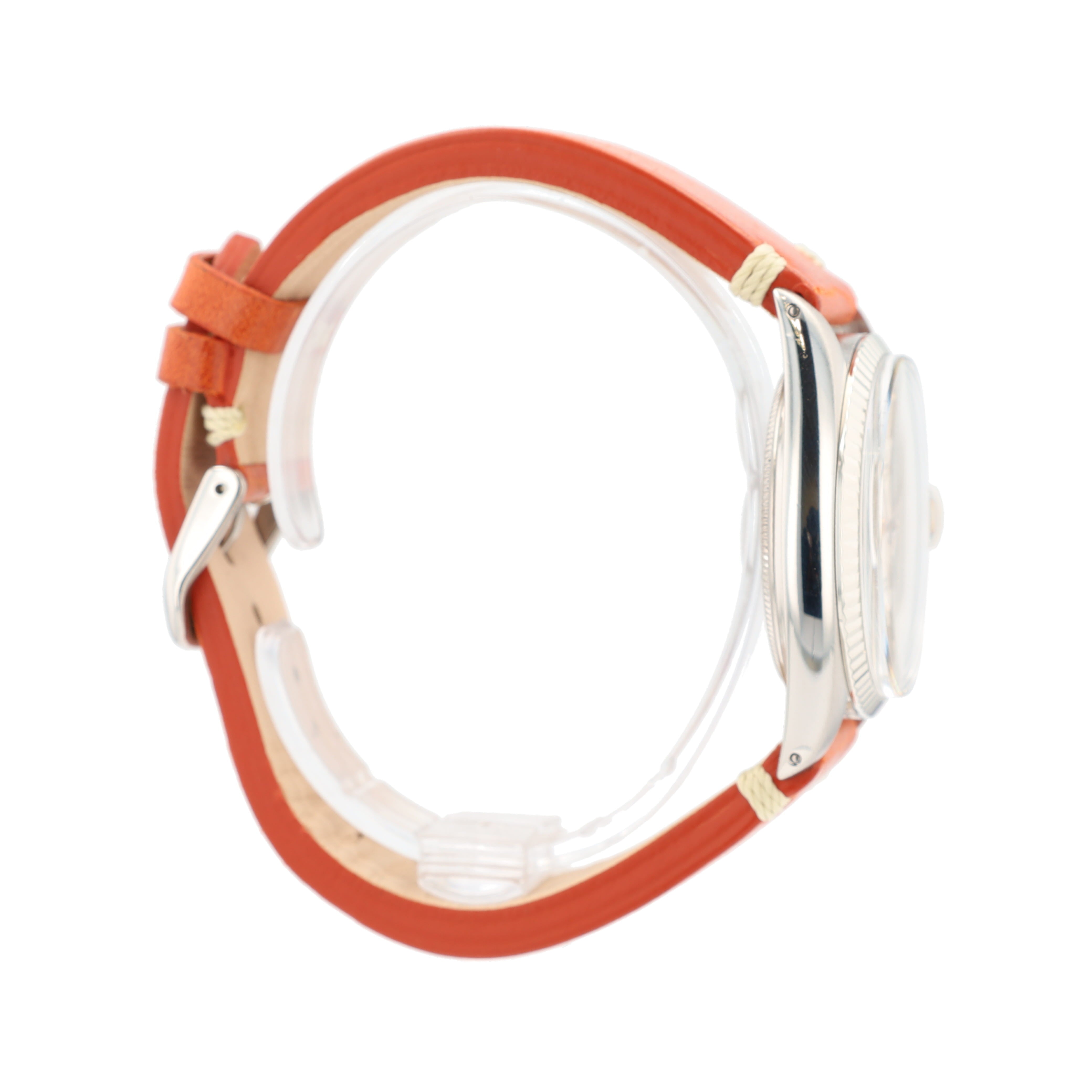 Rolex Datejust 16014 36mm Silver Index-Fatboy Dial Fluted Bezel Orange Leather Band - Luxuriant Concierge