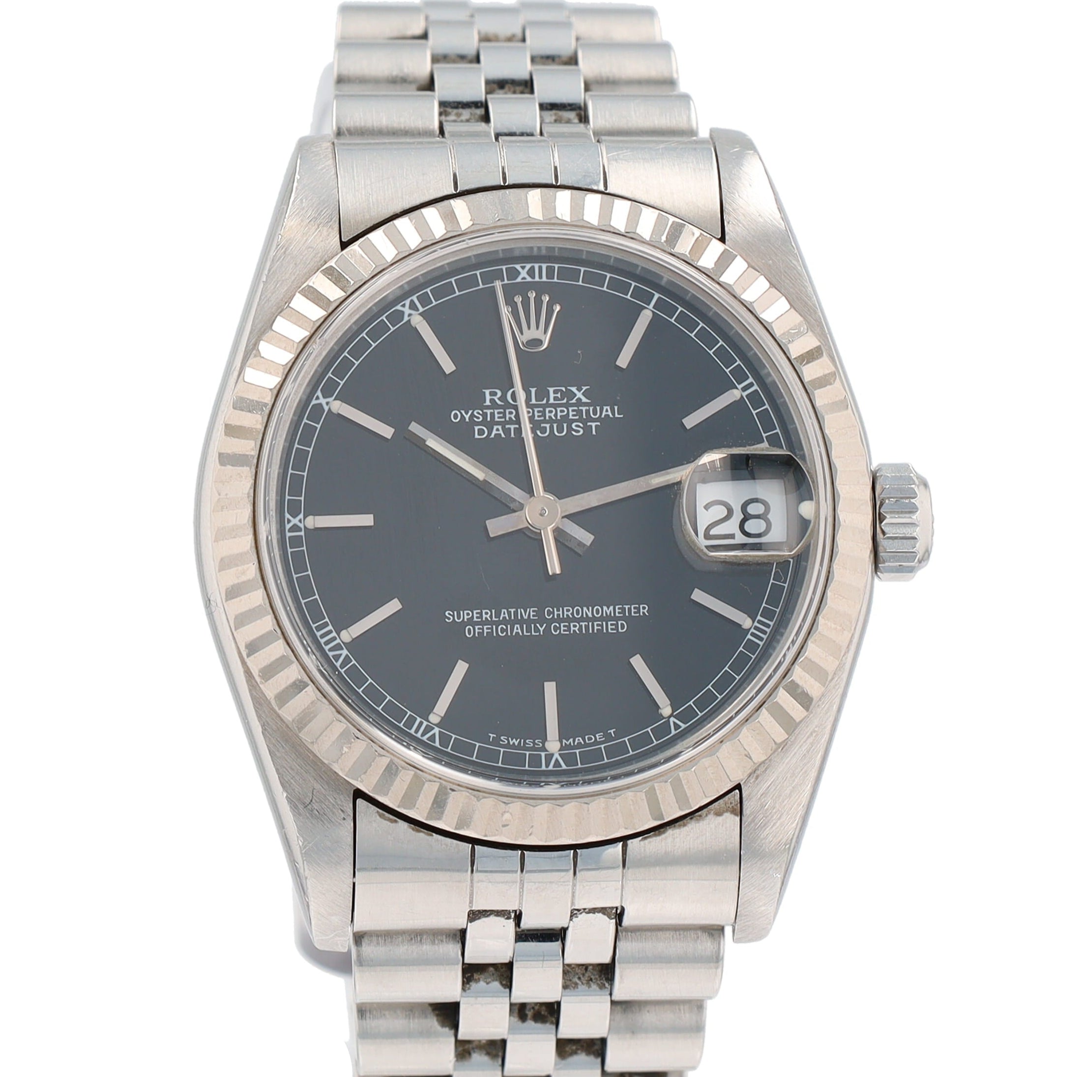 Rolex Datejust 68274 31mm Black Index W/Roman Track Dial Fluted Bezel Jubilee Band - Luxuriant Concierge