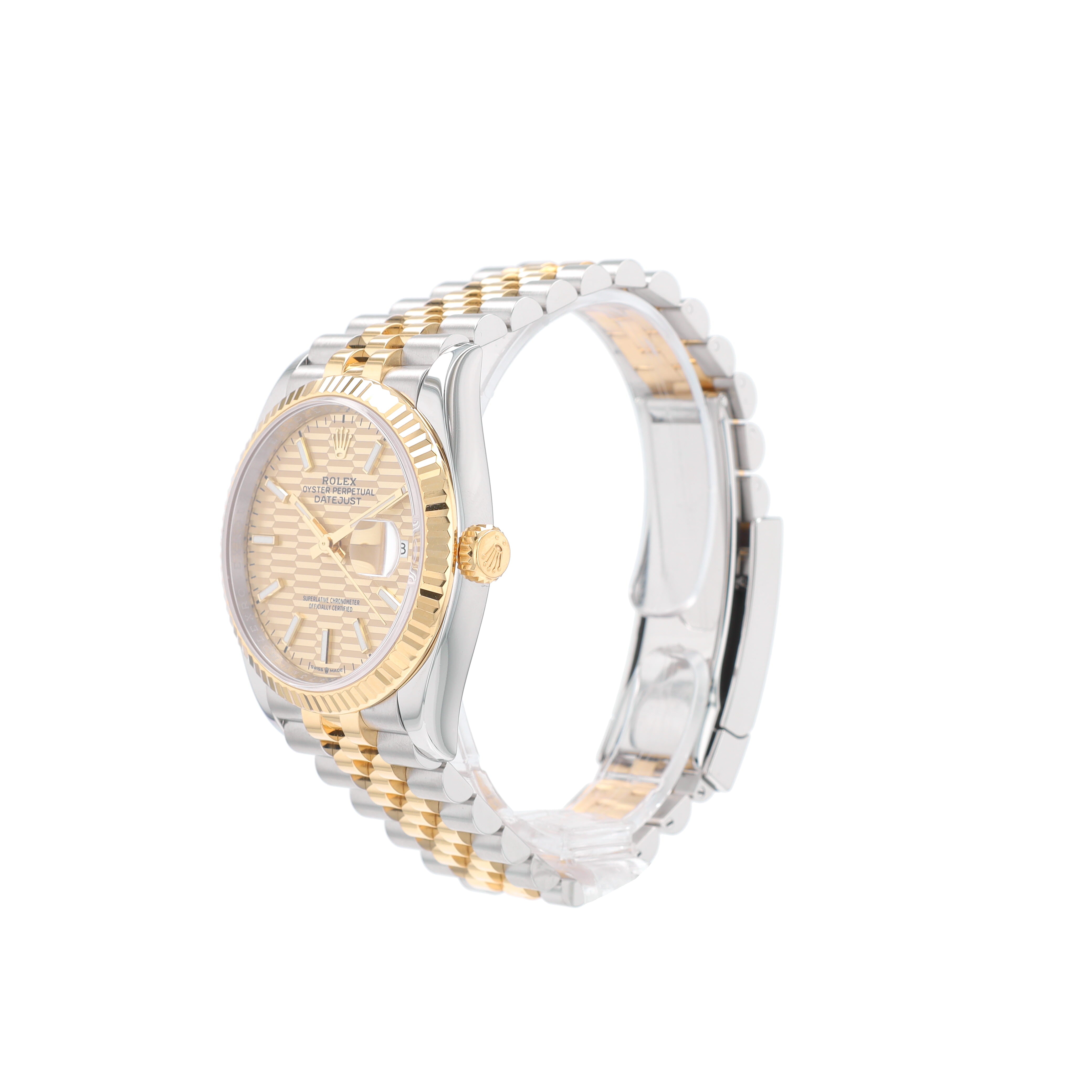 Rolex Datejust 126233 36mm Champagne Motif Index Luminous Dial Fluted Bezel Jubilee Band - Luxuriant Concierge
