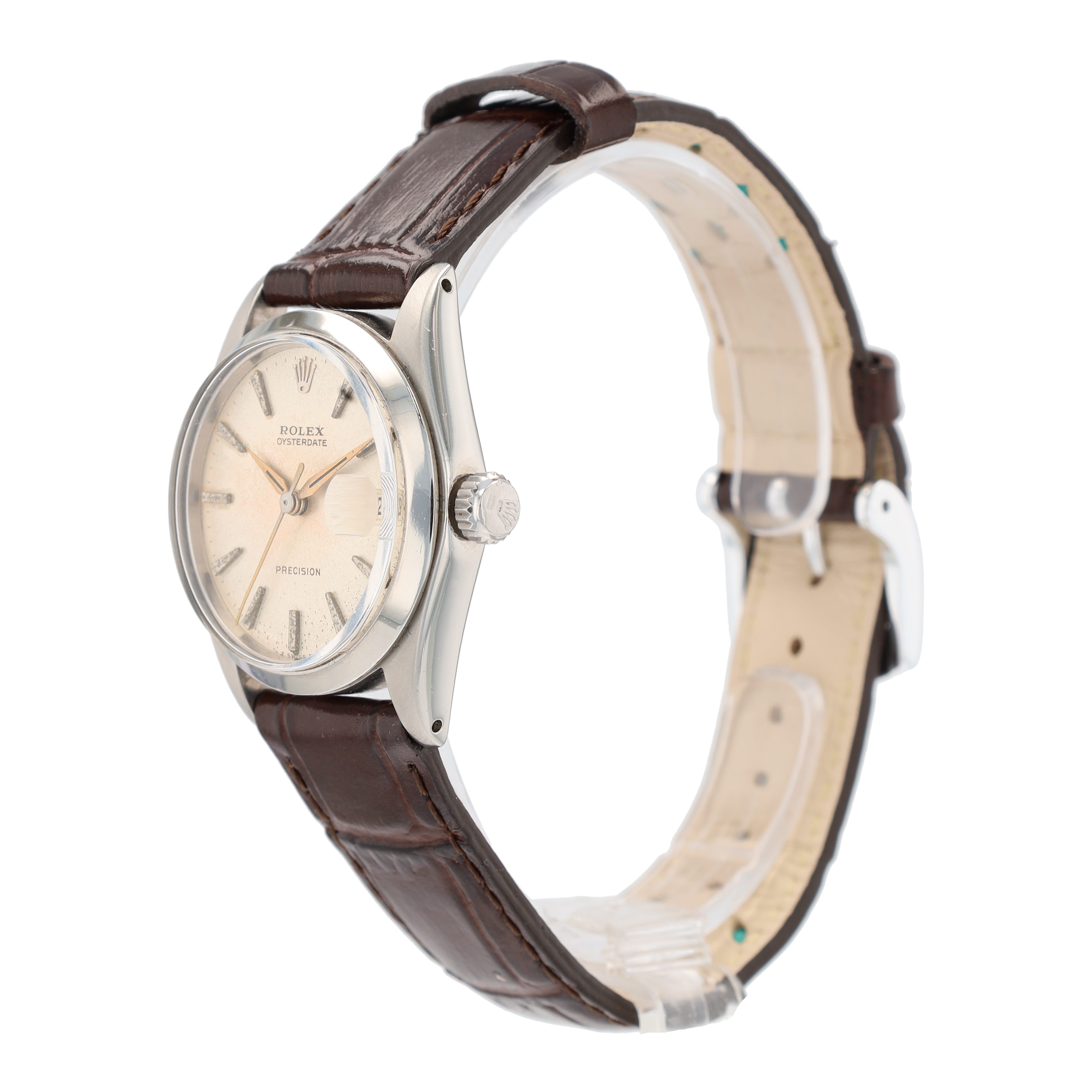 Rolex Oyster Date 6466 31mm Silver Dauphine Dial Smooth Bezel Aftermarket Band