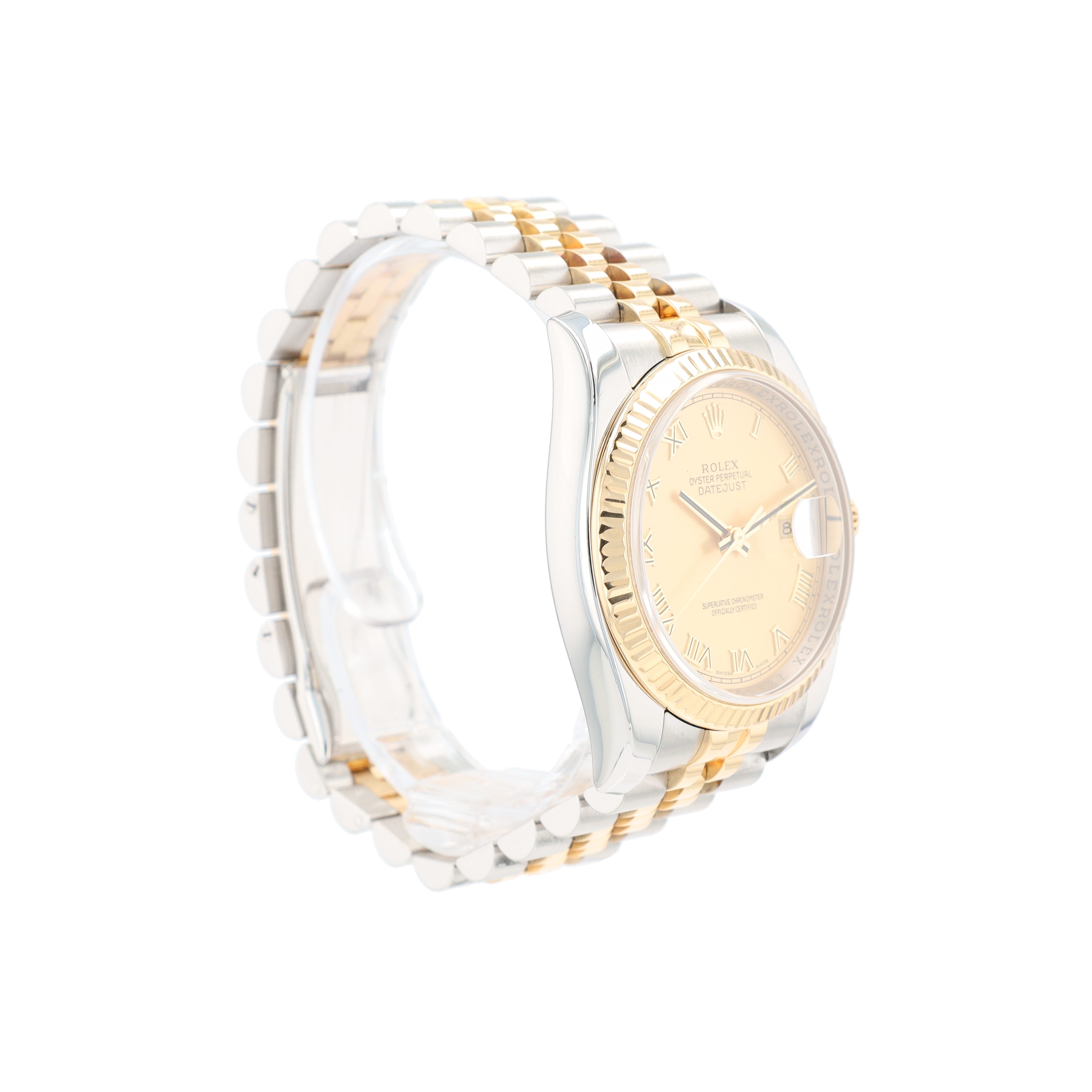 Rolex Datejust 116233 36mm Champagne Roman Numeral Dial Fluted Bezel Jubilee Band