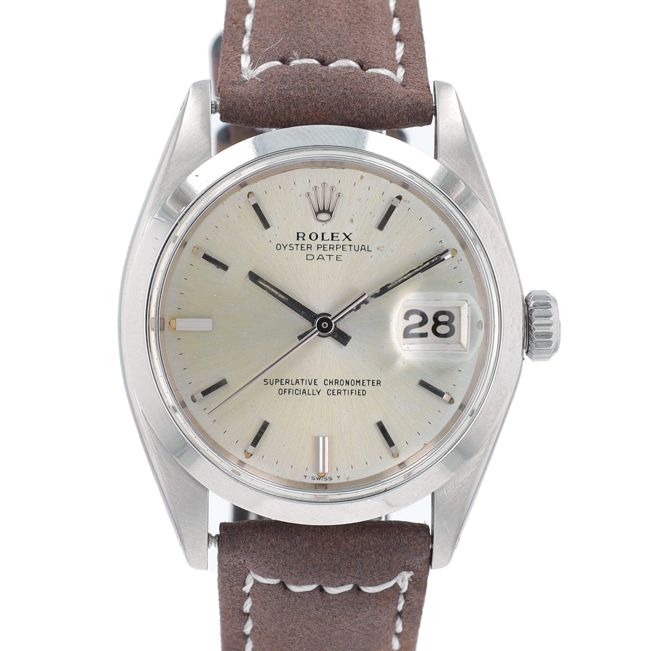 Rolex Date 1500 34mm Silver Index Dial Smooth Bezel Oyster Band - Luxuriant Concierge