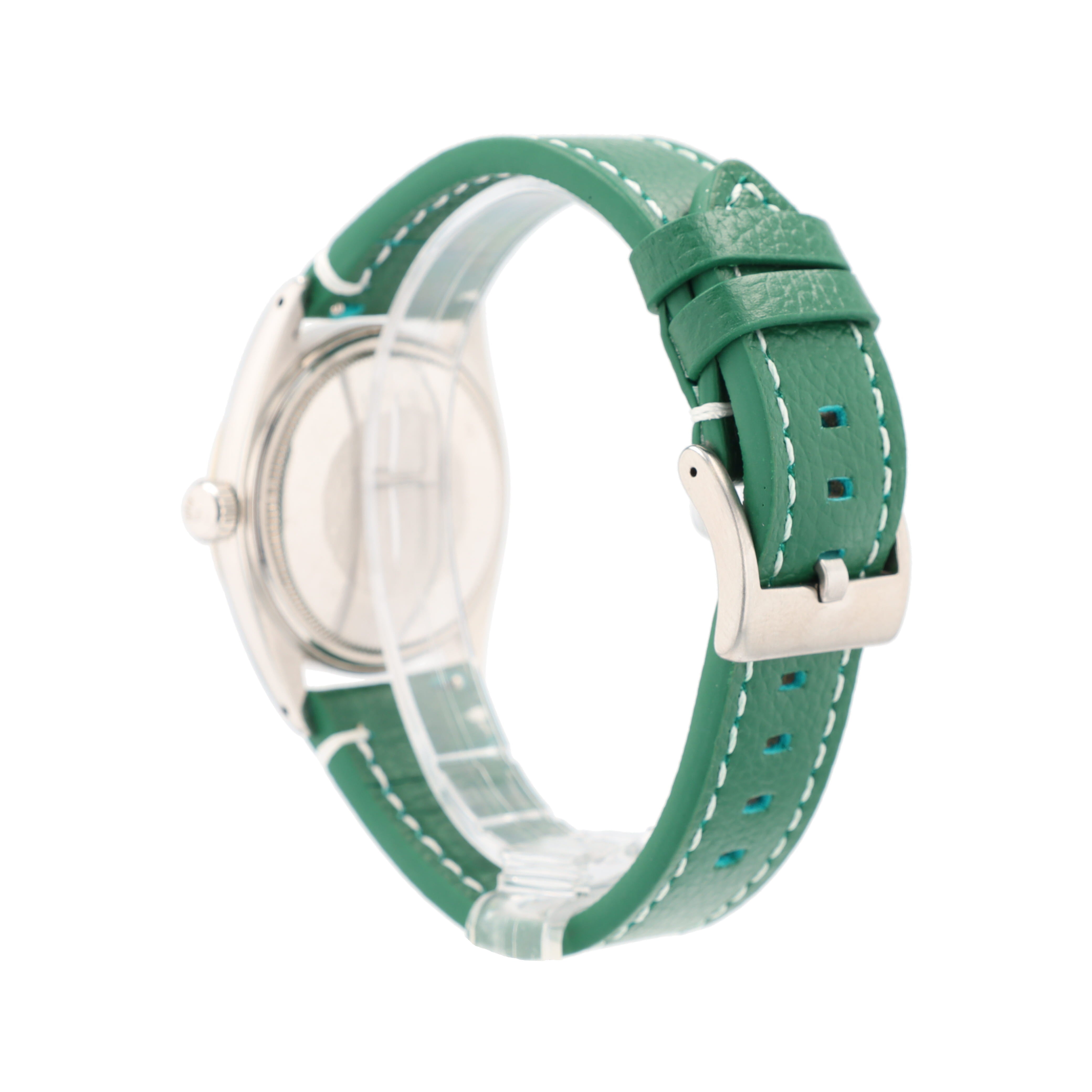 Rolex Datejust 1601 36mm Silver Dauphine 8+2 Pointed Index Dial Fluted Bezel AM Green Leather Band