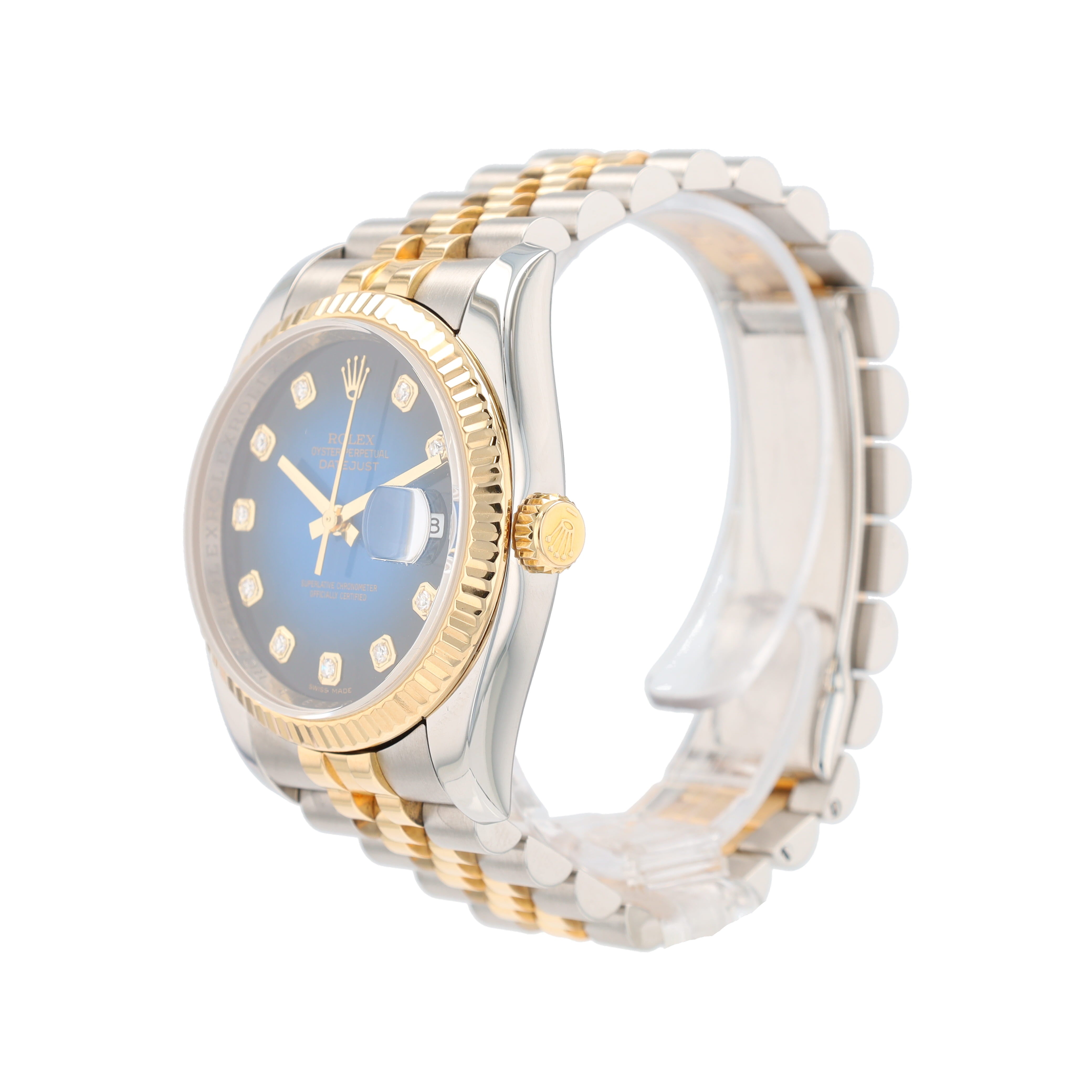 Rolex Datejust 116233 36mm Blue Vignette Diamond Dial Fluted Bezel Jubilee Band