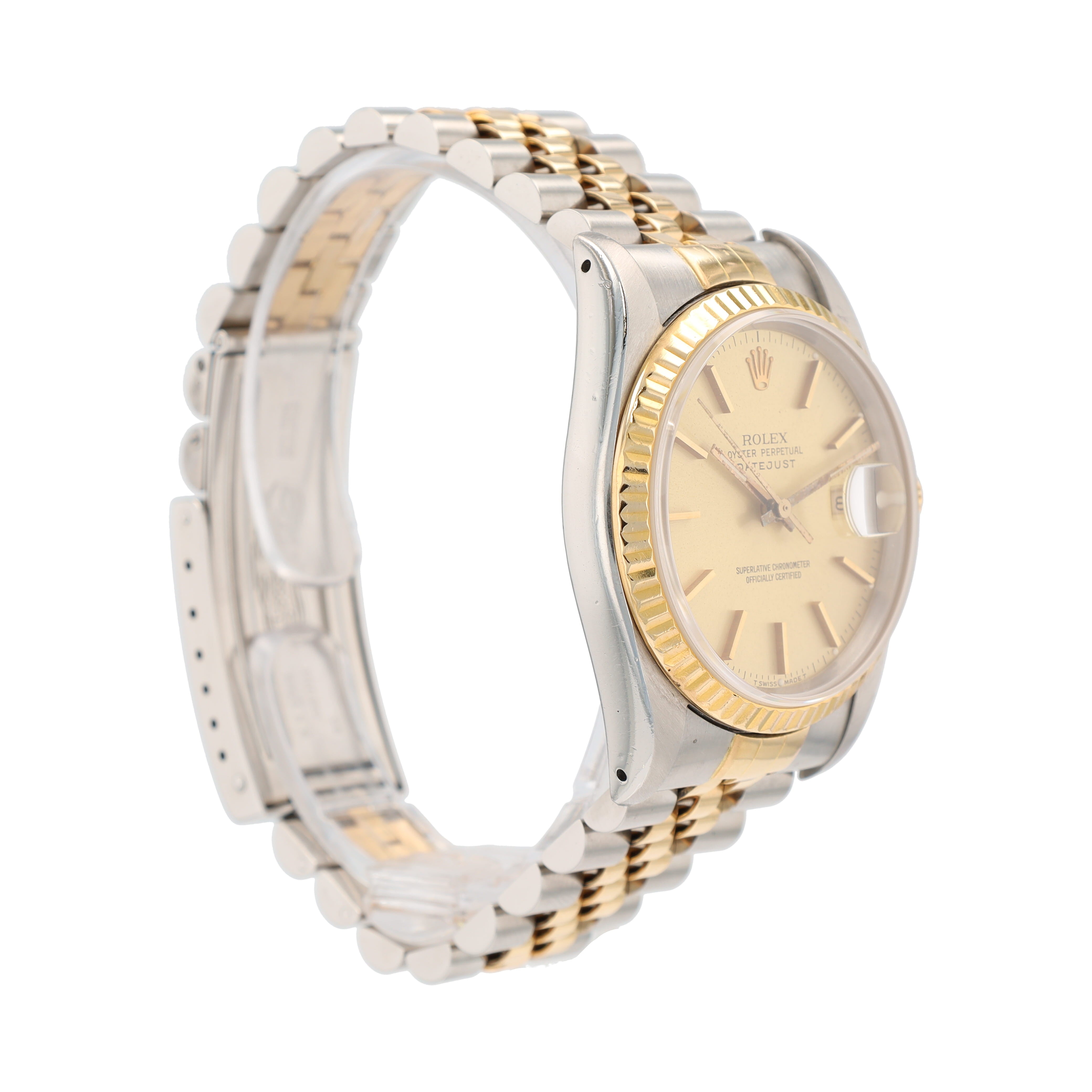 Rolex Datejust 16233 36mm Champagne Index Dial Fluted Bezel Jubilee Band - Luxuriant Concierge