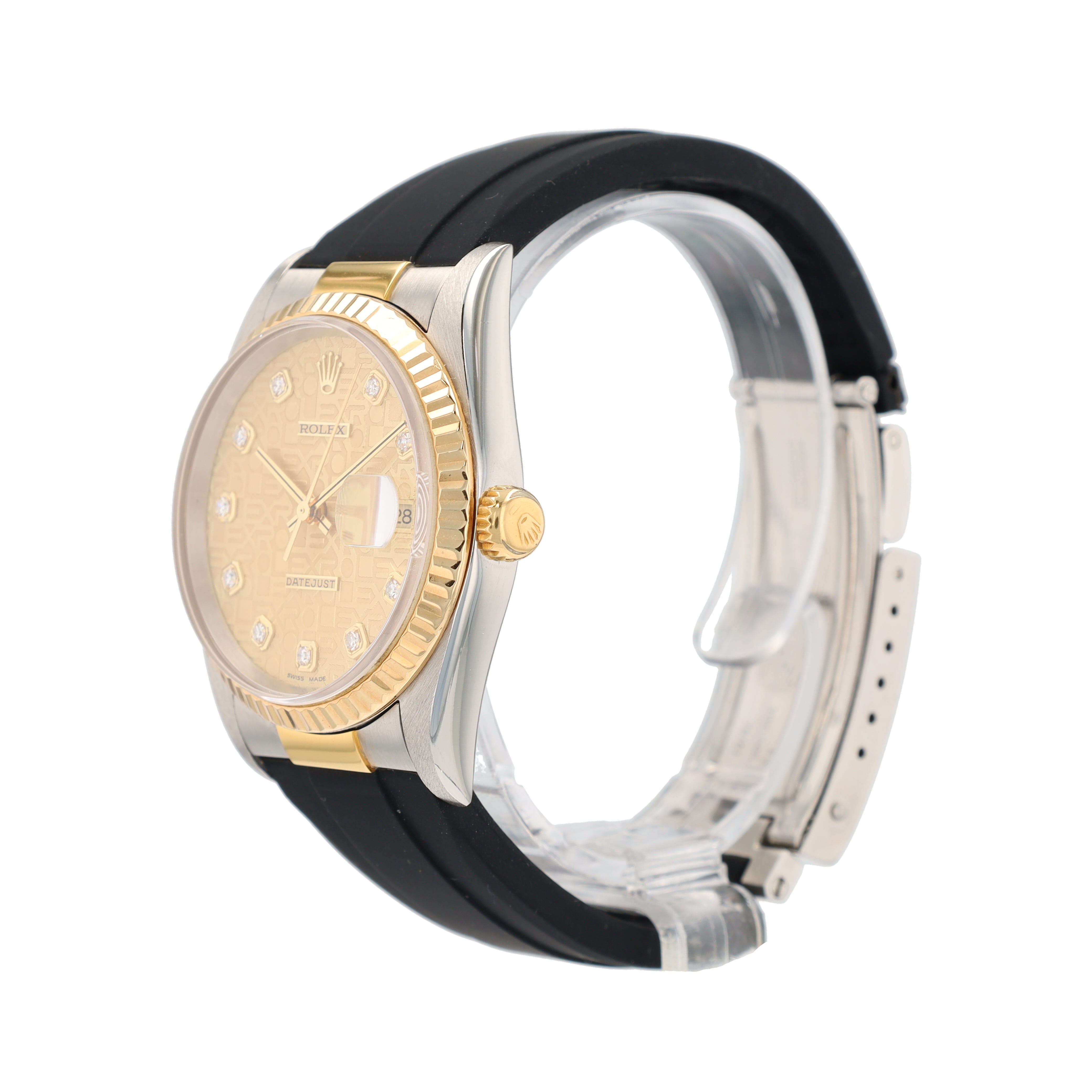 Rolex Datejust 16233 36mm Champagne Jubilee Diamonds Dial Fluted Bezel Black Band