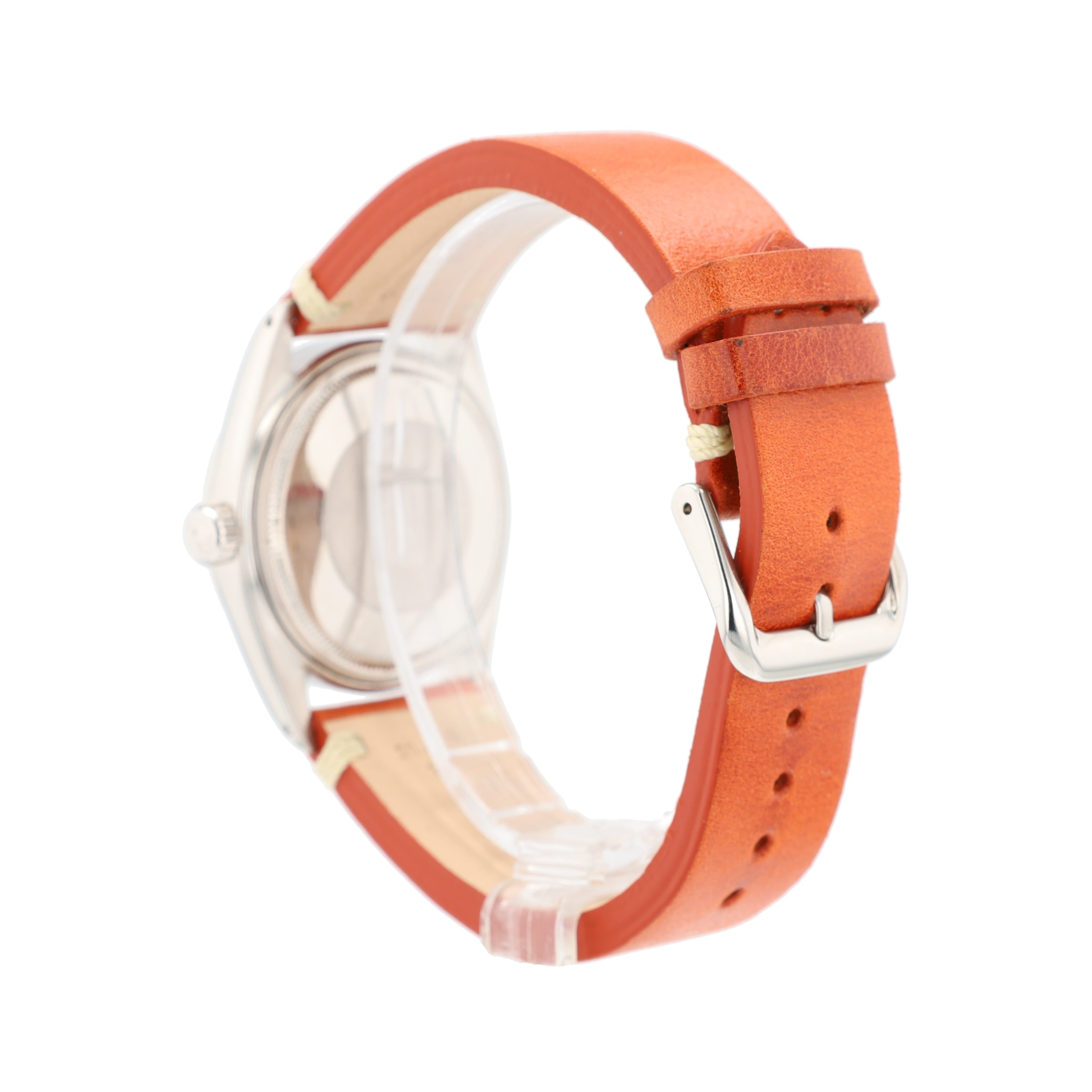 Rolex Datejust 16014 36mm Silver Index-Fatboy Dial Fluted Bezel Orange Leather Band - Luxuriant Concierge