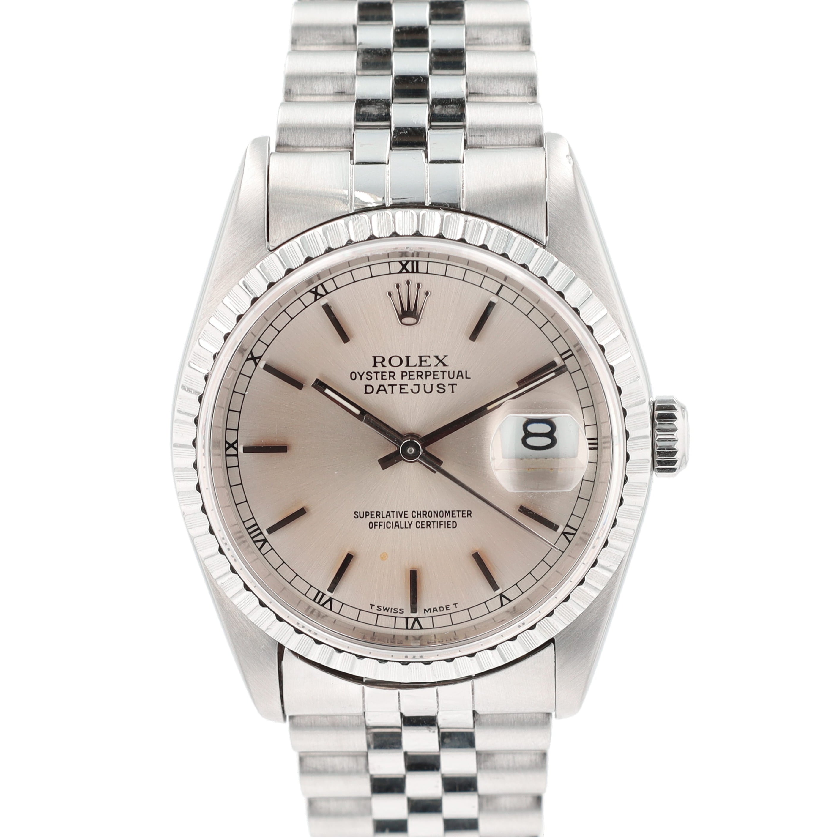 Rolex Datejust 16220 36mm Silver (Patina) Index Dial Engine-turned Bezel Jubilee Band - Luxuriant Concierge