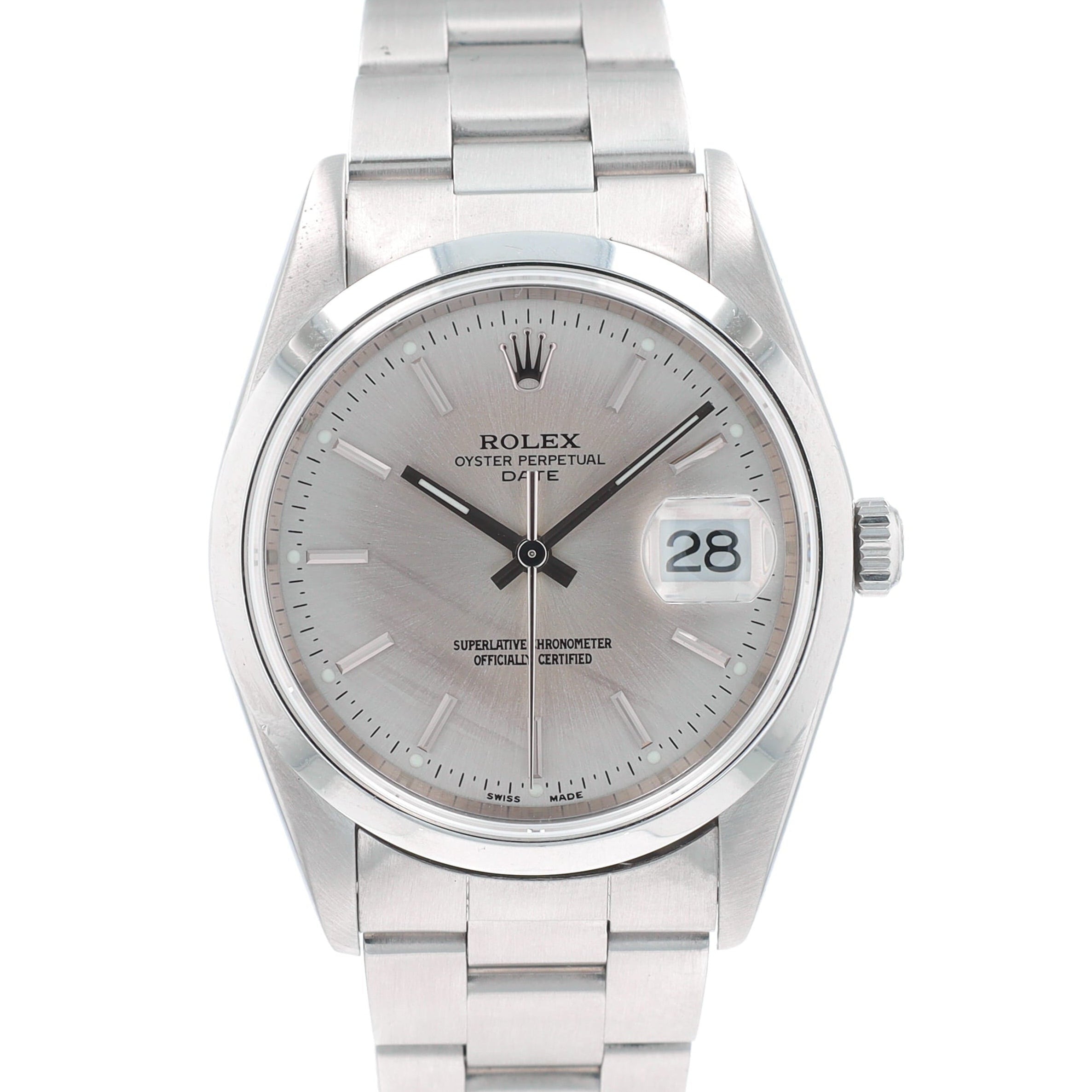 Rolex Date 15200 34mm Silver Index Dial Smooth Bezel Oyster Band - Luxuriant Concierge