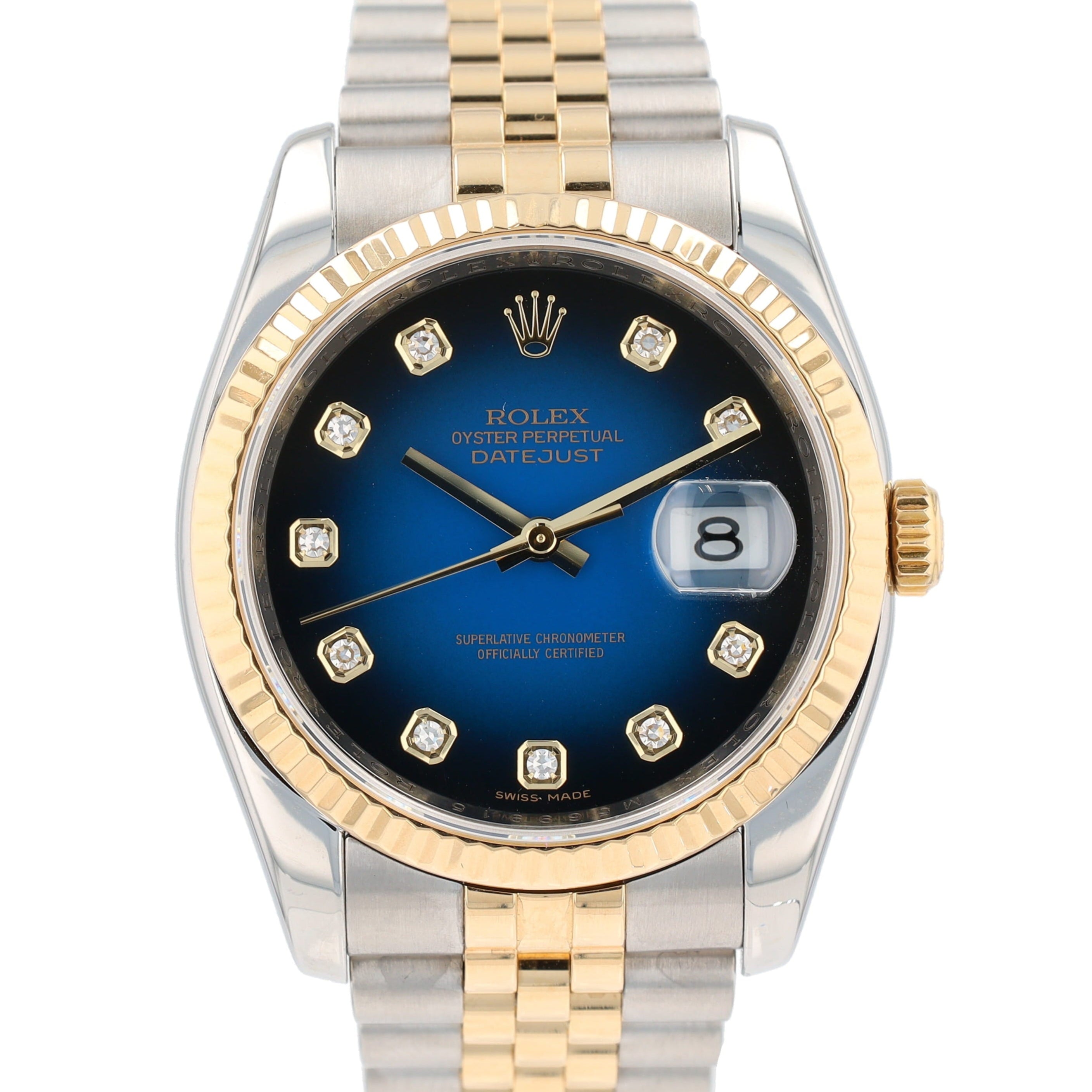 Rolex Datejust 116233 36mm Blue Vignette Diamond Dial Fluted Bezel Jubilee Band - Luxuriant Concierge