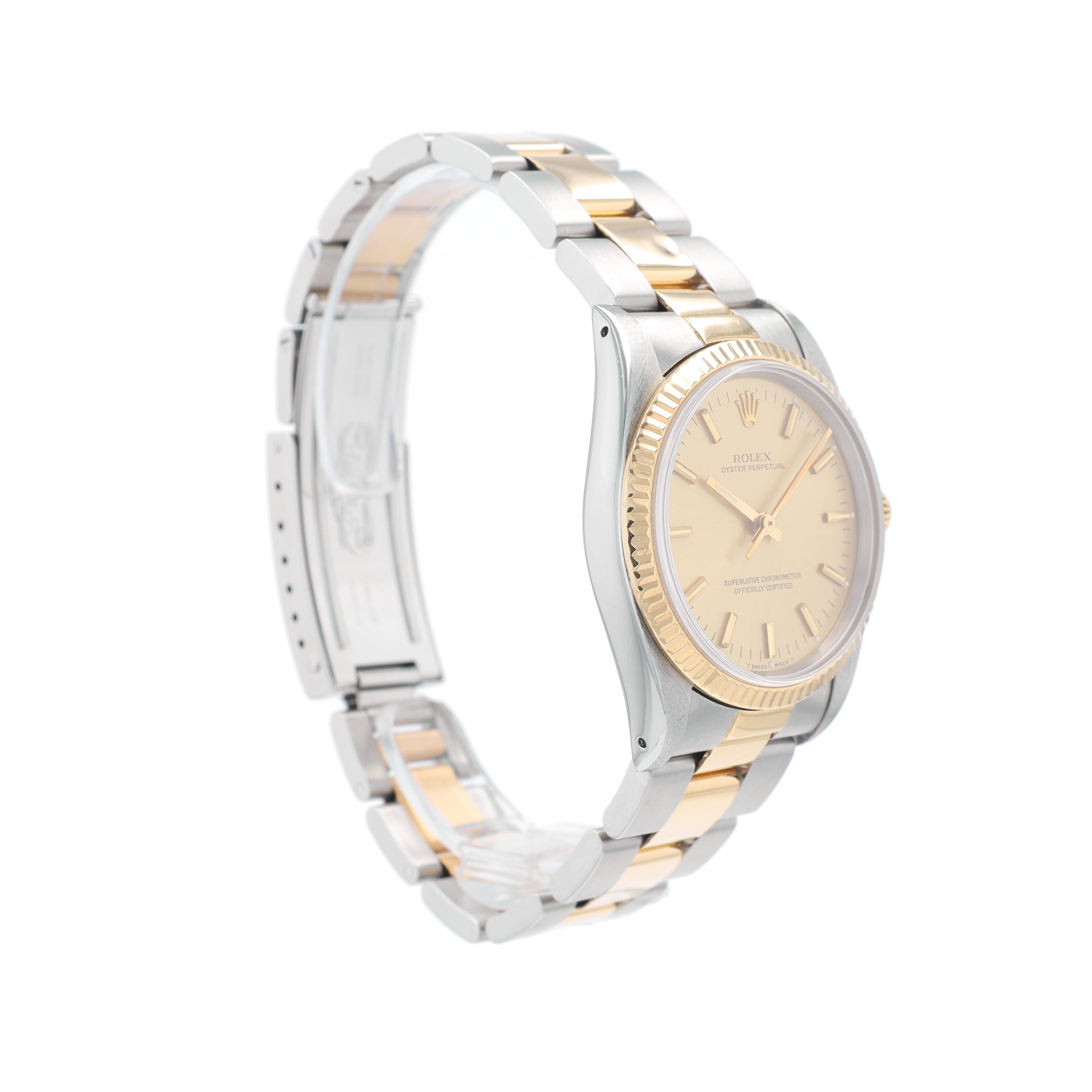 Rolex Oyster Perpetual 14233 34mm Champagne Index Dial Fluted Bezel Band - Luxuriant Concierge