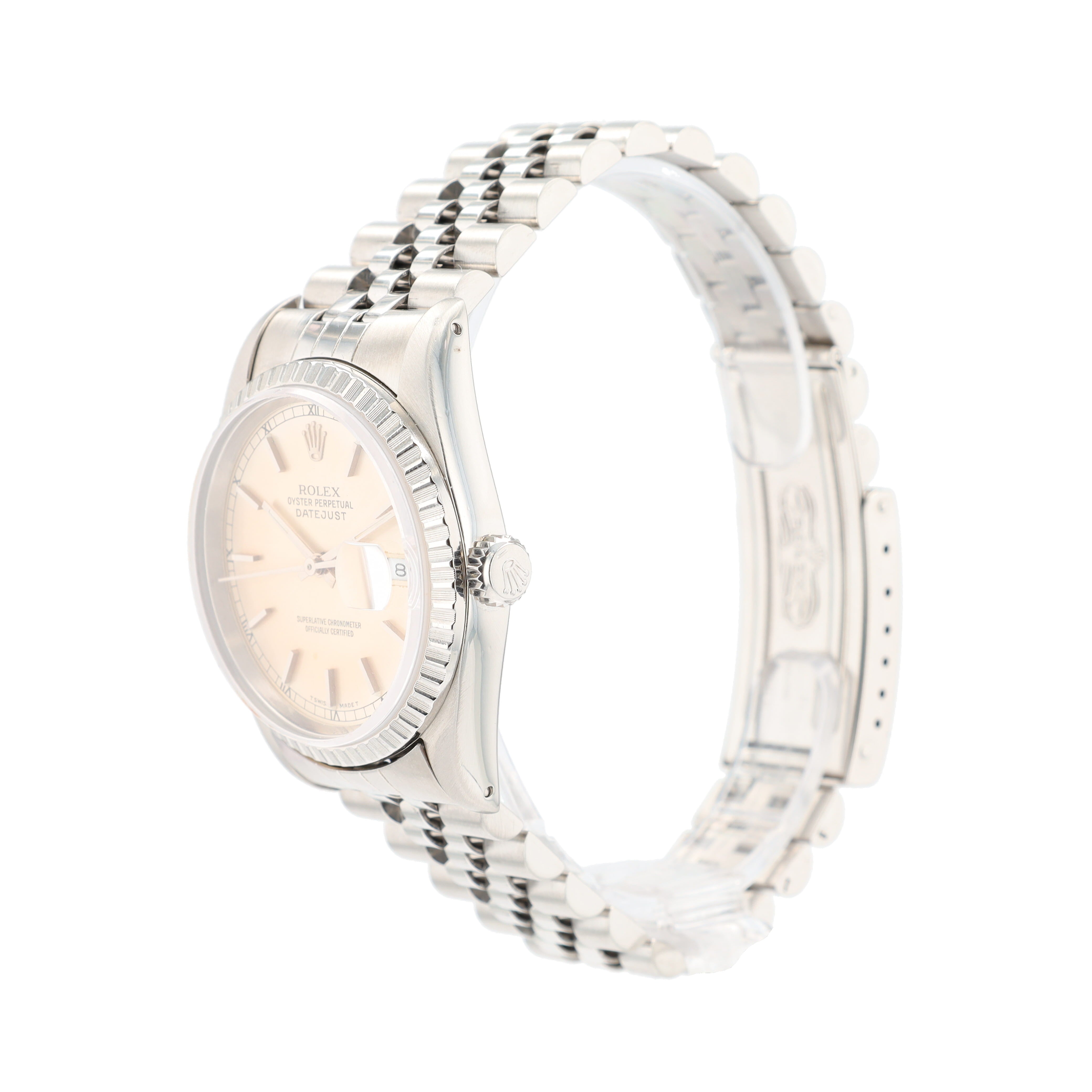 Rolex Datejust 16220 36mm Silver (Patina) Index Dial Engine-turned Bezel Jubilee Band