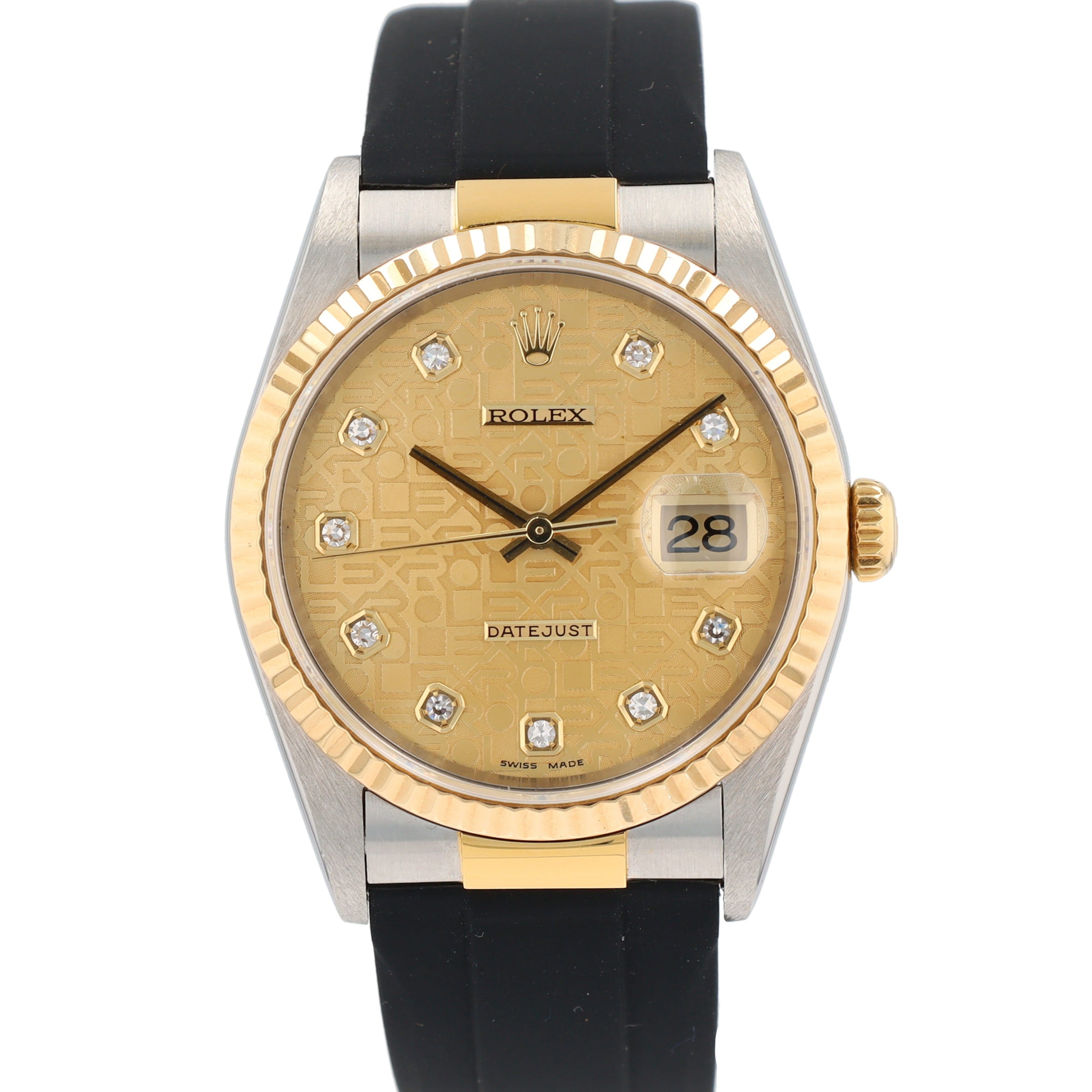 Rolex Datejust 16233 36mm Champagne Jubilee Diamonds Dial Fluted Bezel Black Band - Luxuriant Concierge