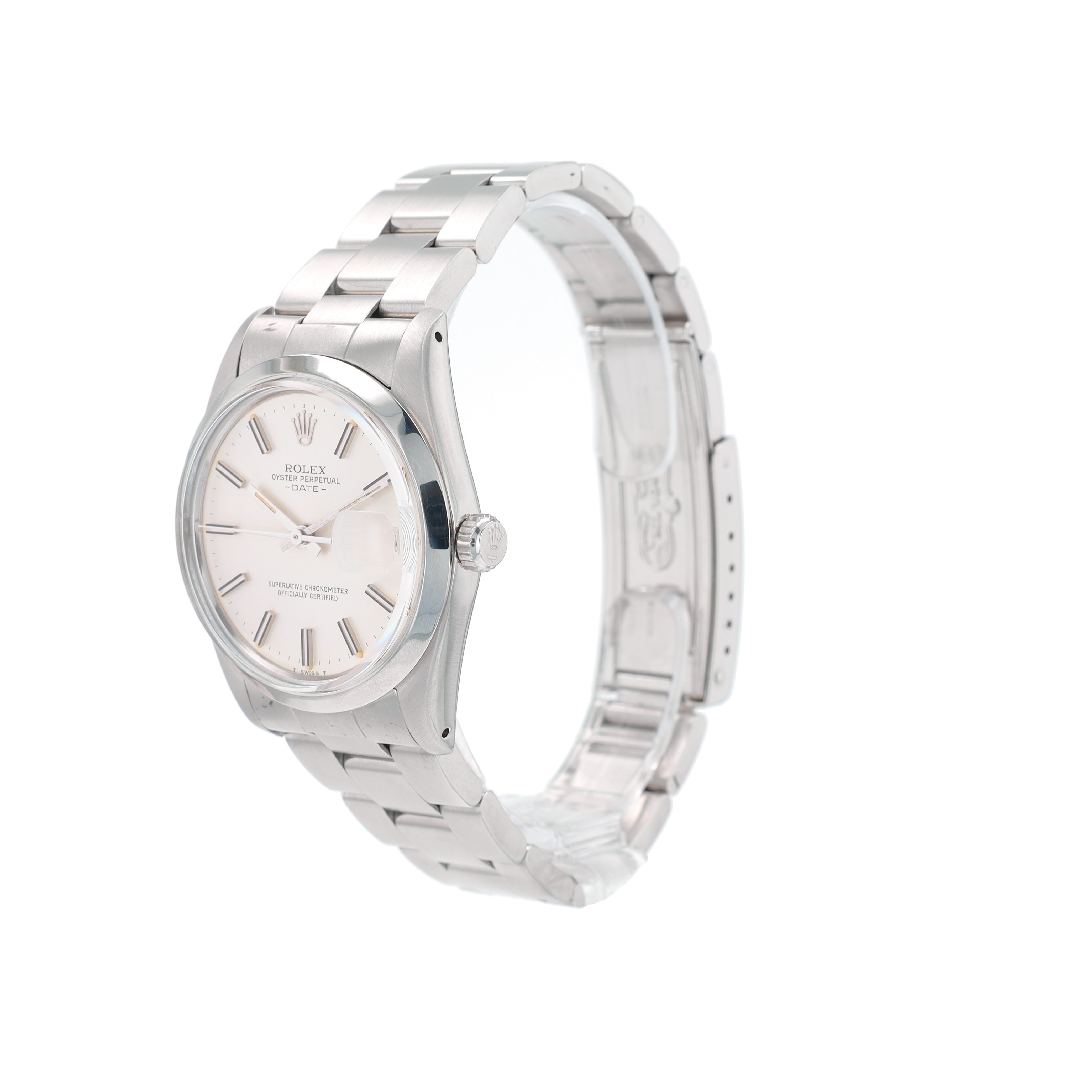 Rolex Date 15000 31mm Silver Fatboy Index Dial Smooth Bezel Oyster Band