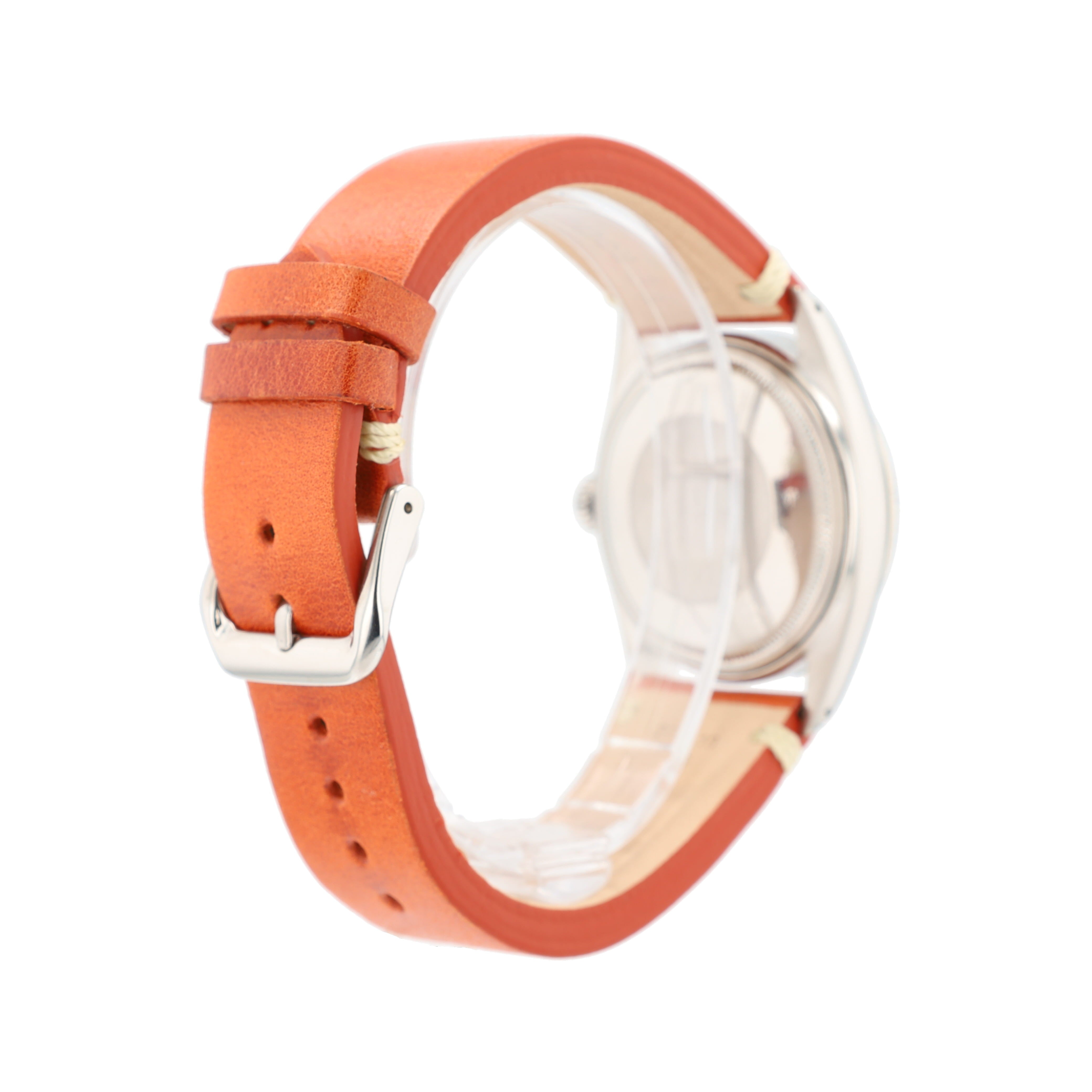 Rolex Datejust 16014 36mm Silver Index-Fatboy Dial Fluted Bezel Orange Leather Band - Luxuriant Concierge