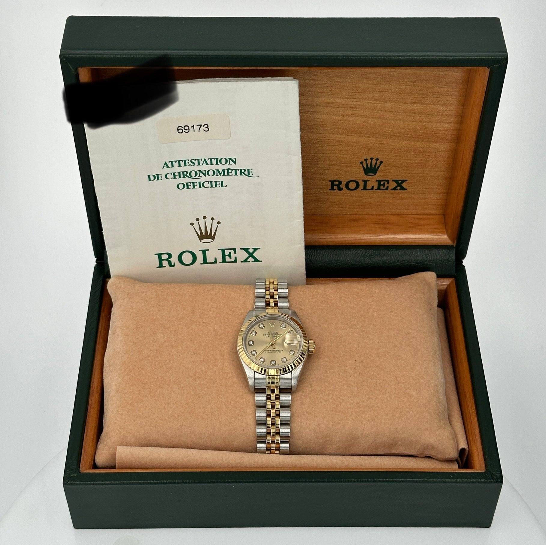 B&P Rolex Datejust 69173 26mm Champagne Diamonds (N.S) Dial Fluted Bezel Jubilee Band - Luxuriant Concierge