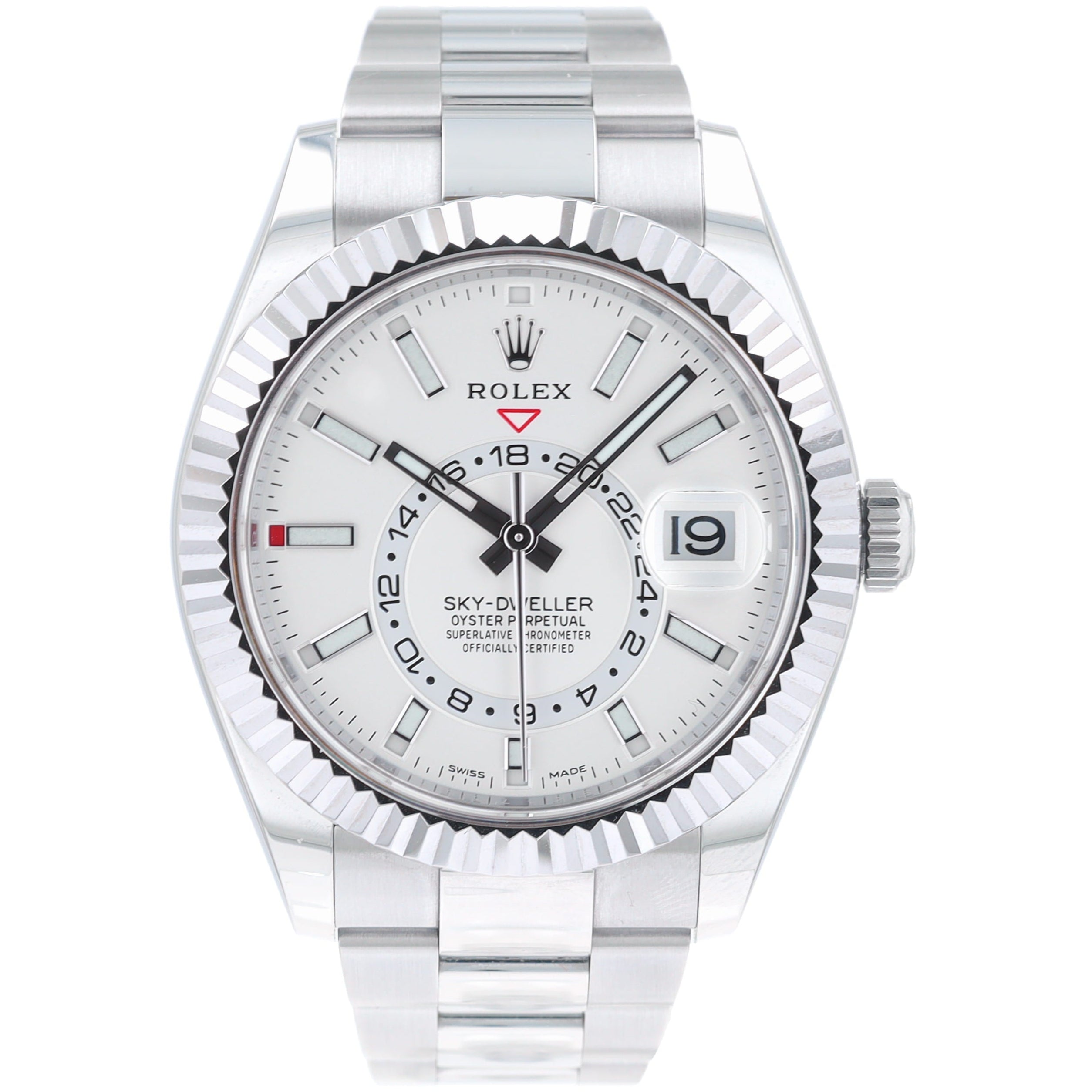 B&P Rolex Sky-Dweller 326934 42mm White Luminous Dial Fluted Bezel Oyster Band - Luxuriant Concierge
