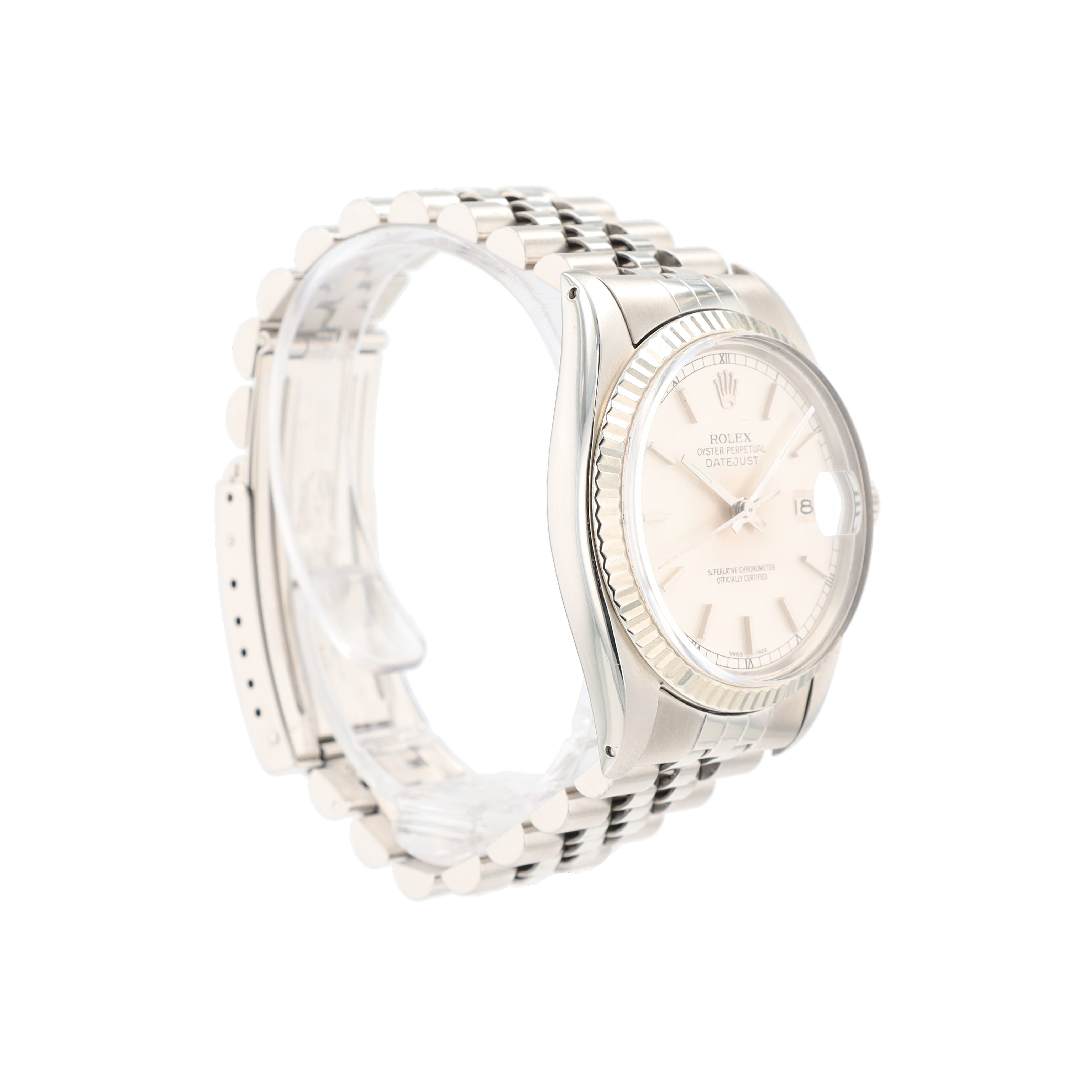 Rolex Datejust 16014 36mm Siler Index w/Roman Track Dial Fluted Bezel Jubilee Band