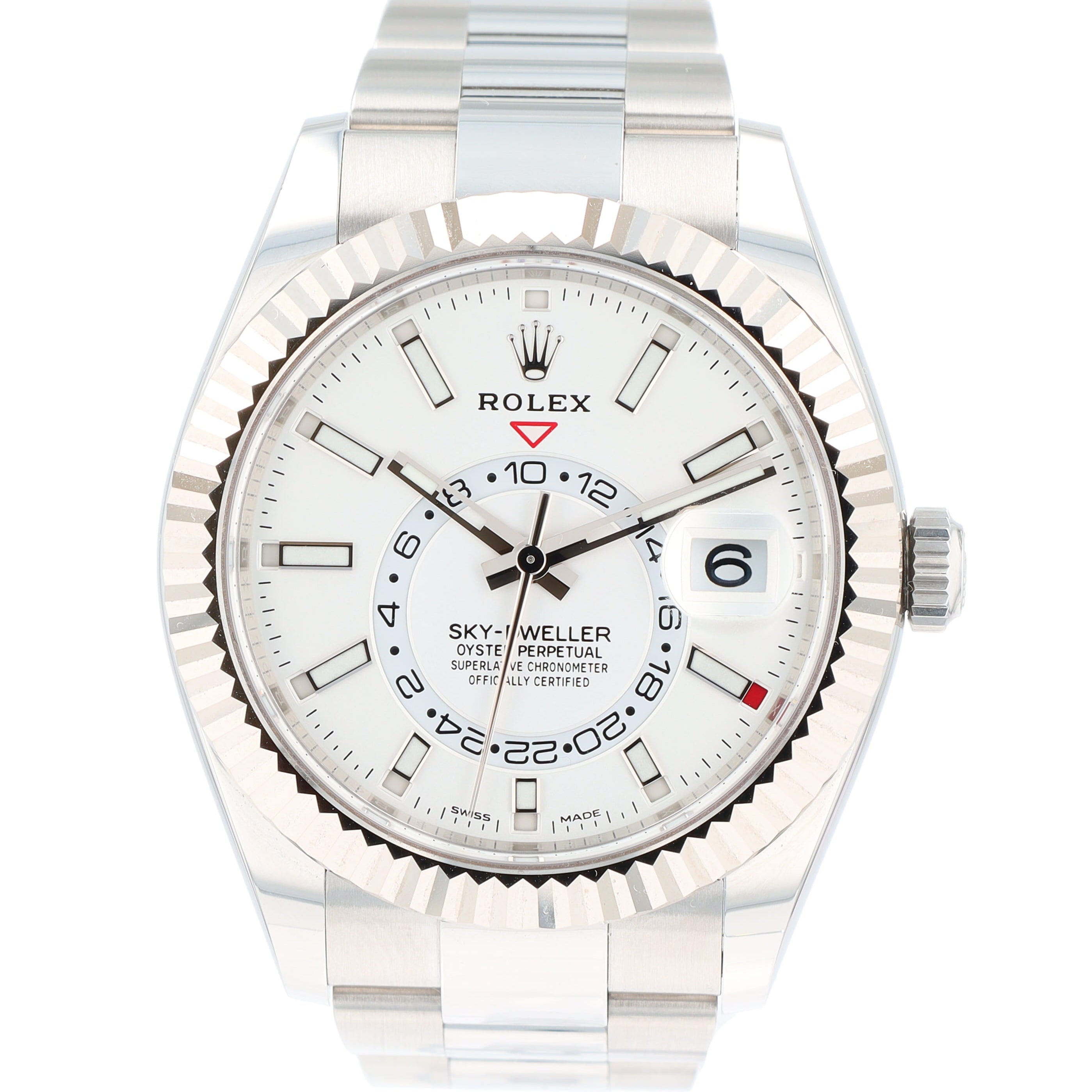 B&P Rolex Sky-Dweller 326934 42mm White Luminous Dial Fluted Bezel Oyster Band - Luxuriant Concierge