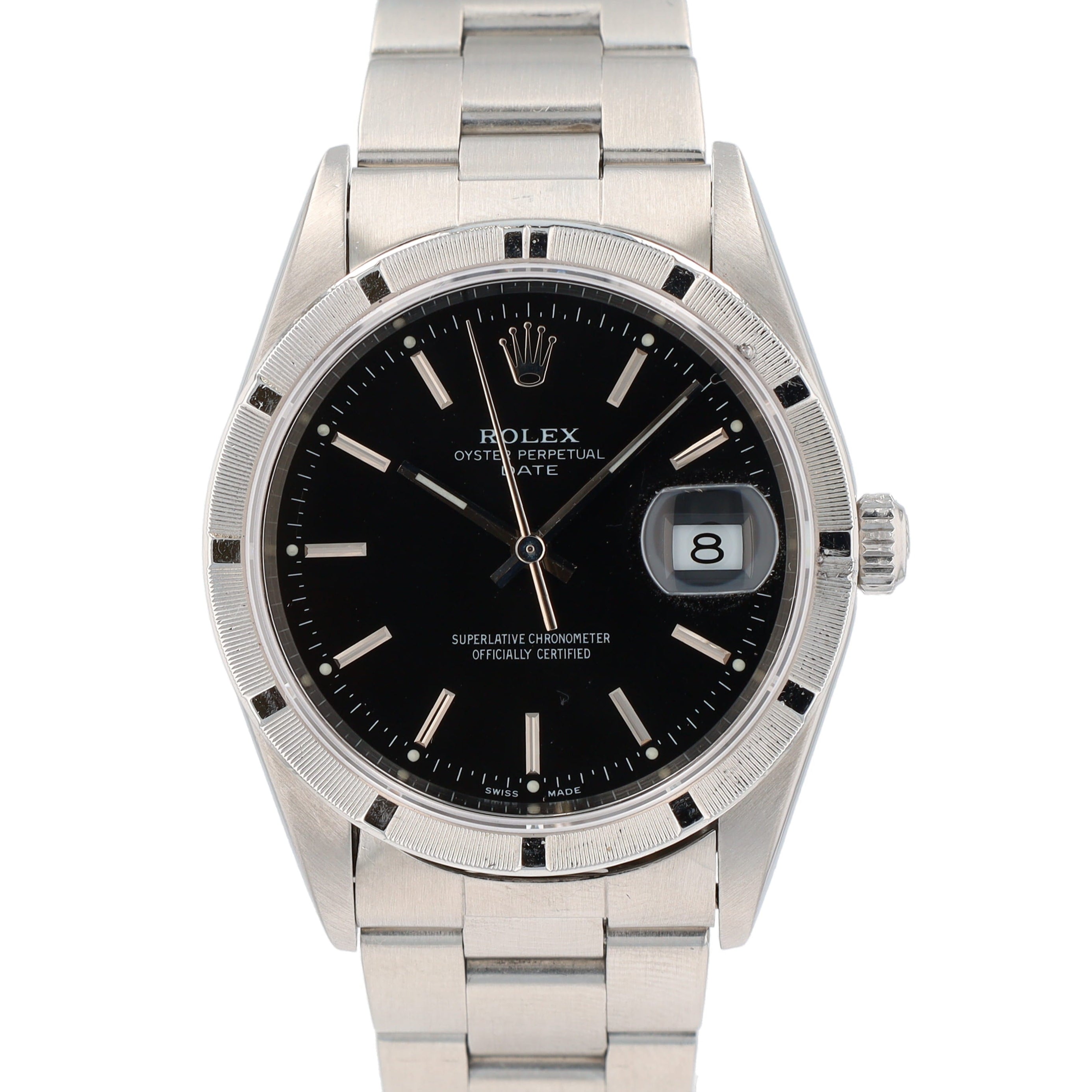 Rolex Date 15210 34mm Black Index Dial Engine-Turned Bezel Oyster Band - Luxuriant Concierge