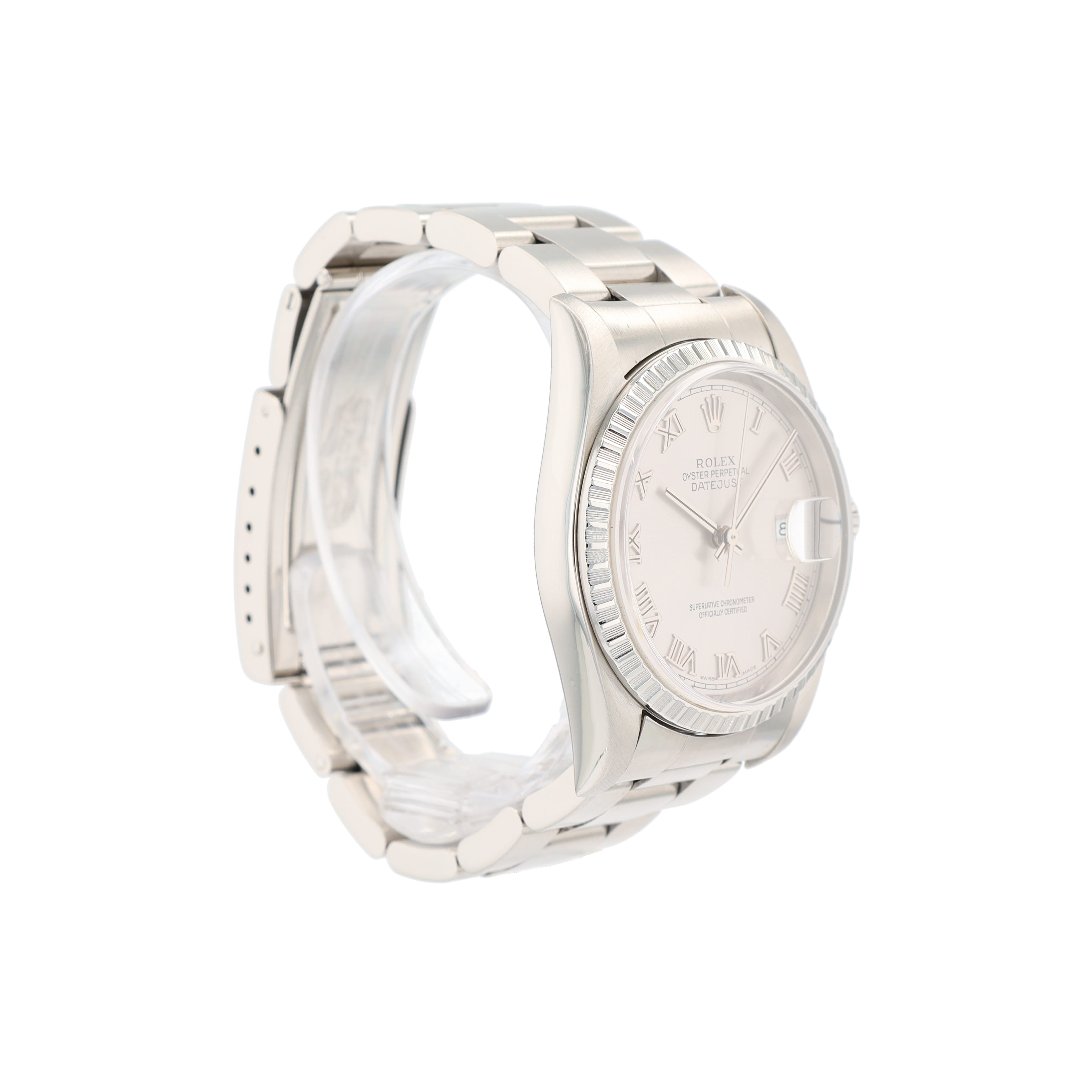 Rolex Datejust 16220 36mm Silver Roman Numeral Dial Engine-Turned Bezel Oyster Band