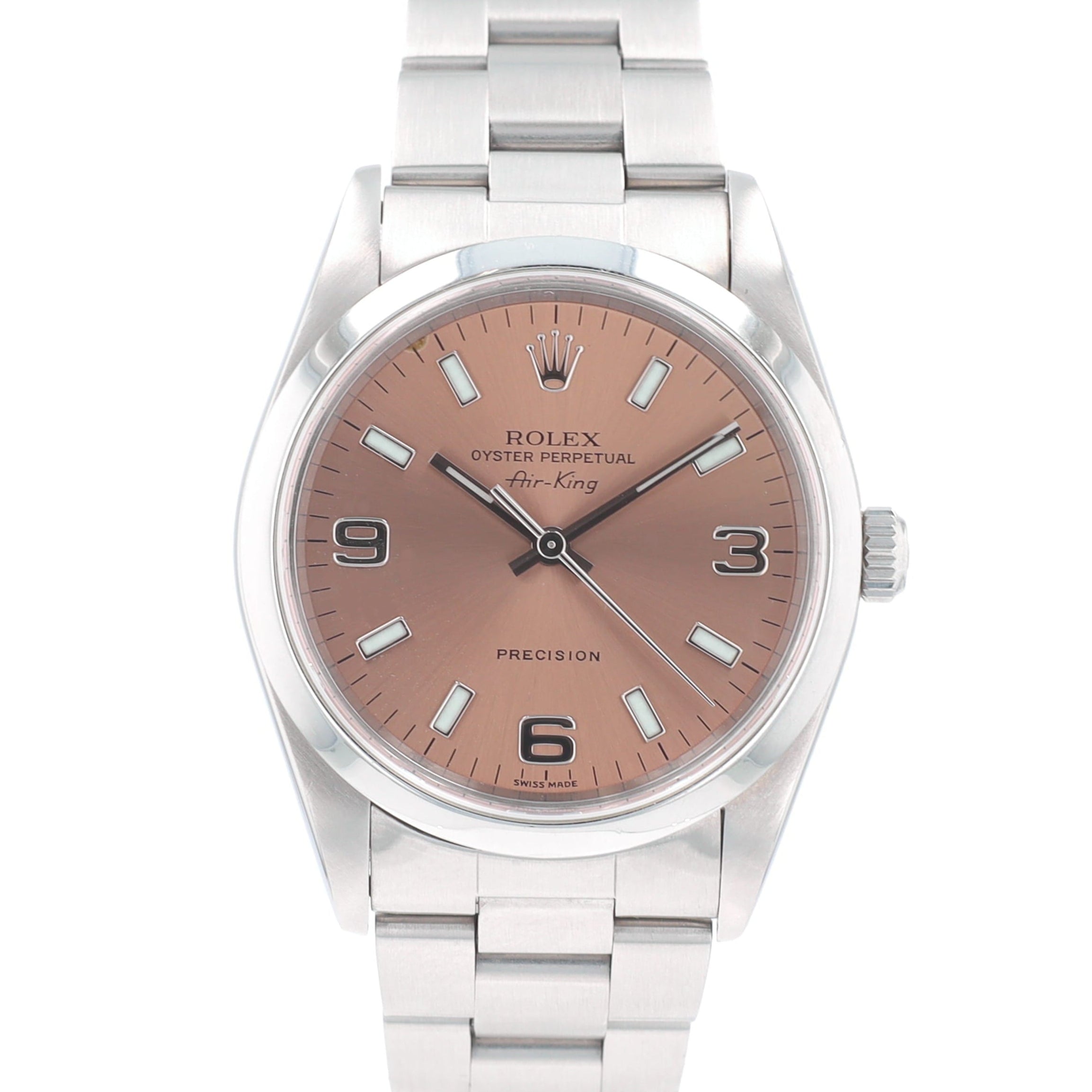 Rolex Air-King 14000 34mm Salmon Index & Arabic Dial Smooth Bezel Oyster Band - Luxuriant Concierge
