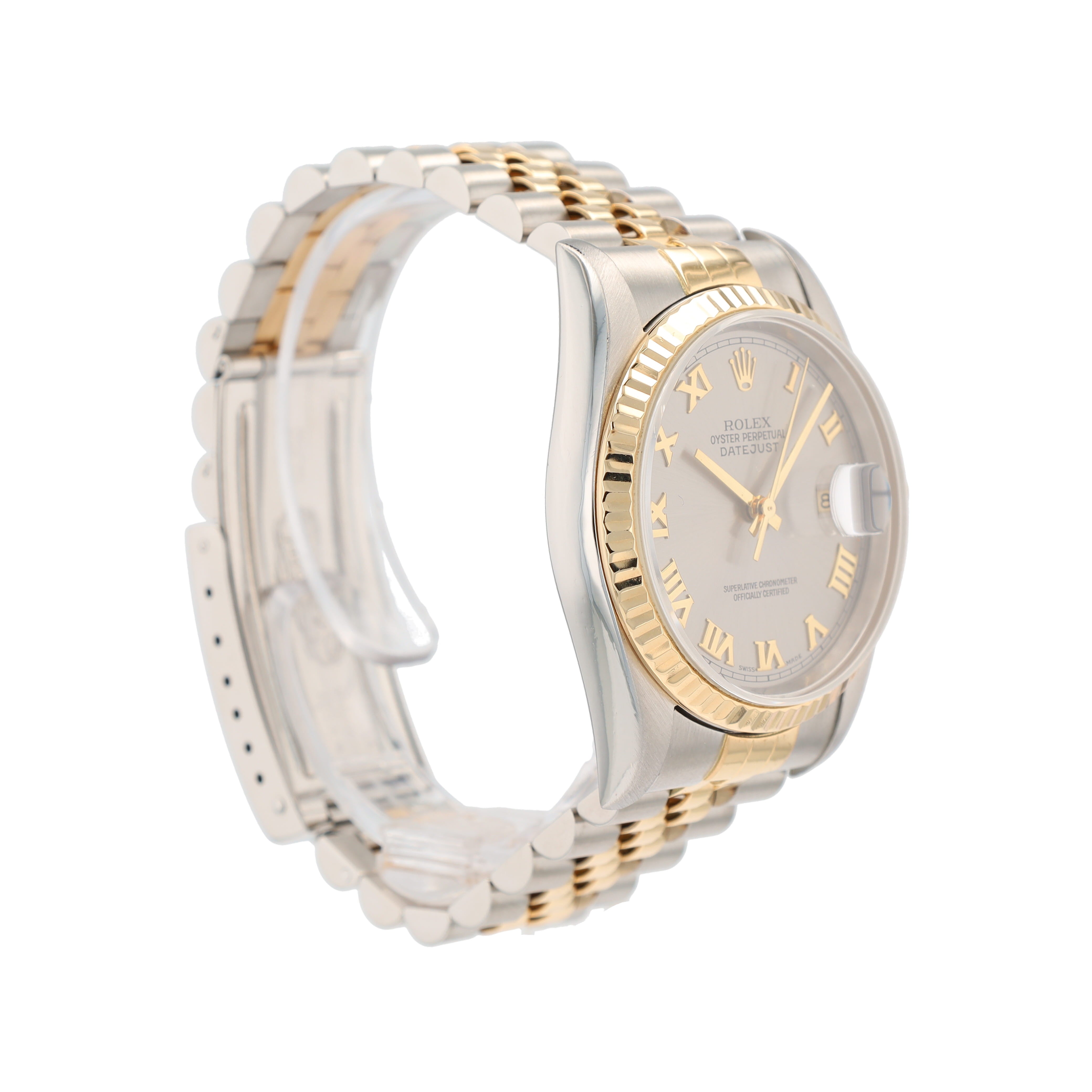 Rolex Datejust 16233 36mm Gray Roman Numeral Dial Fluted Bezel Jubilee Band - Luxuriant Concierge
