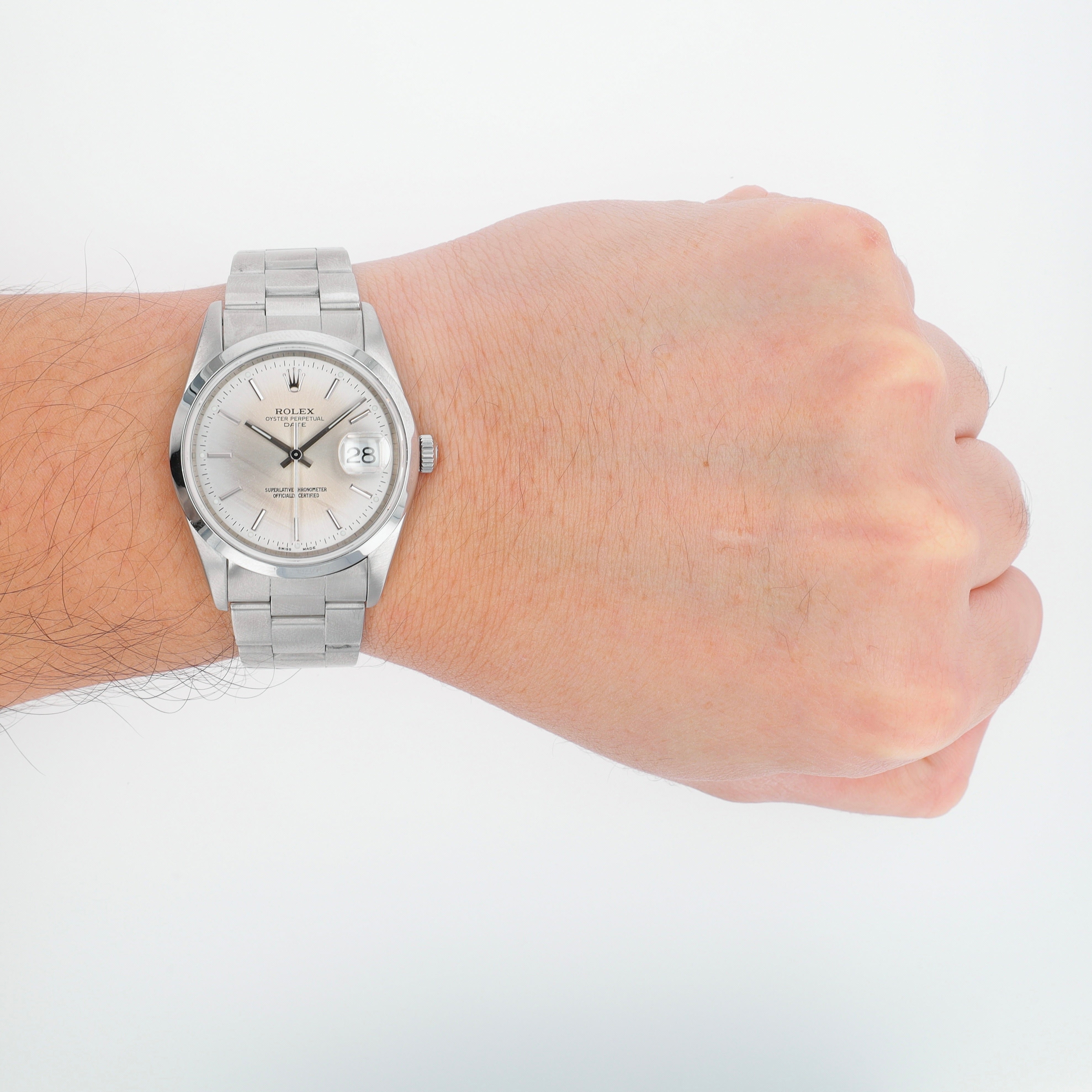 Rolex Date 15200 34mm Silver Index Dial Smooth Bezel Oyster Band - Luxuriant Concierge