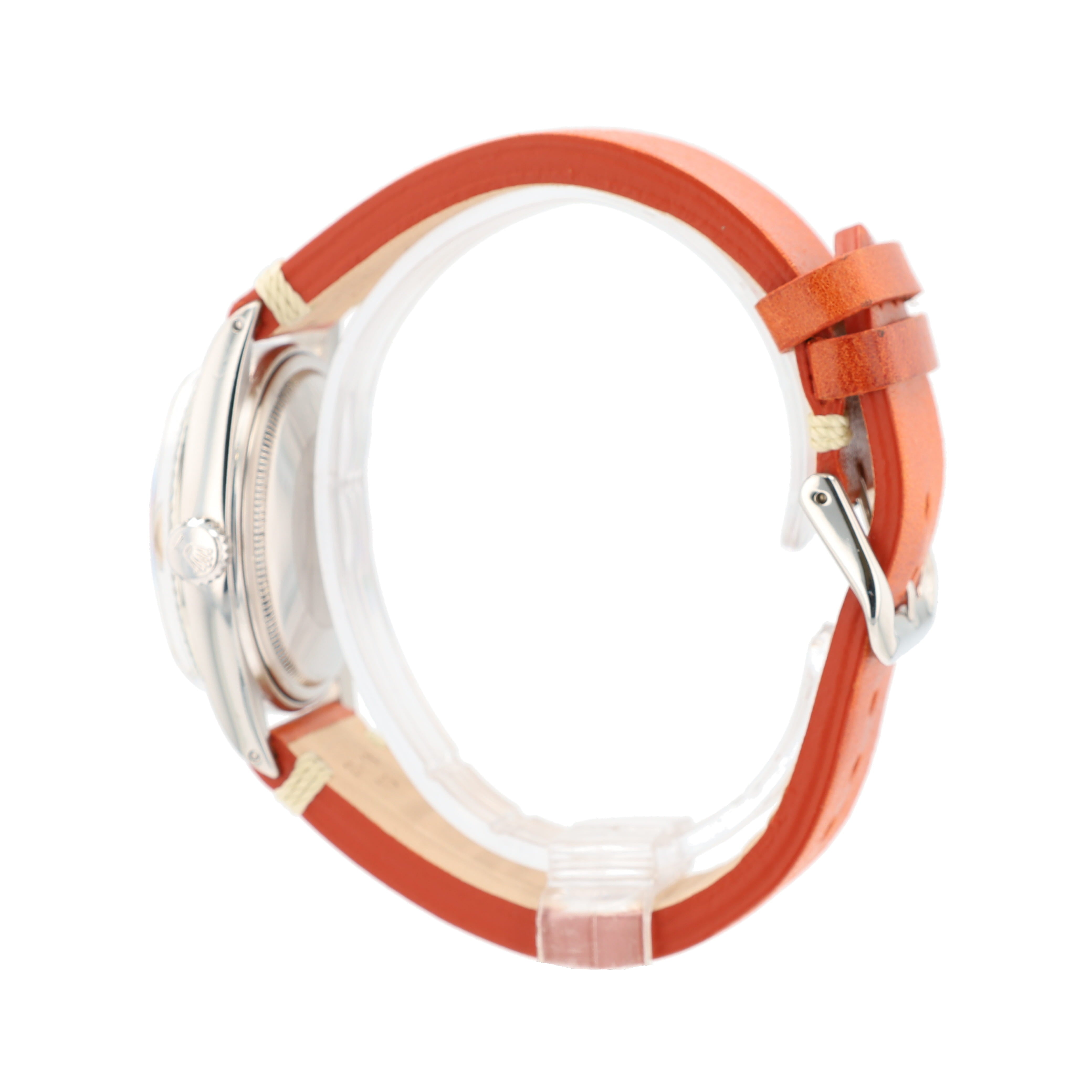 Rolex Datejust 16014 36mm Silver Index-Fatboy Dial Fluted Bezel Orange Leather Band - Luxuriant Concierge