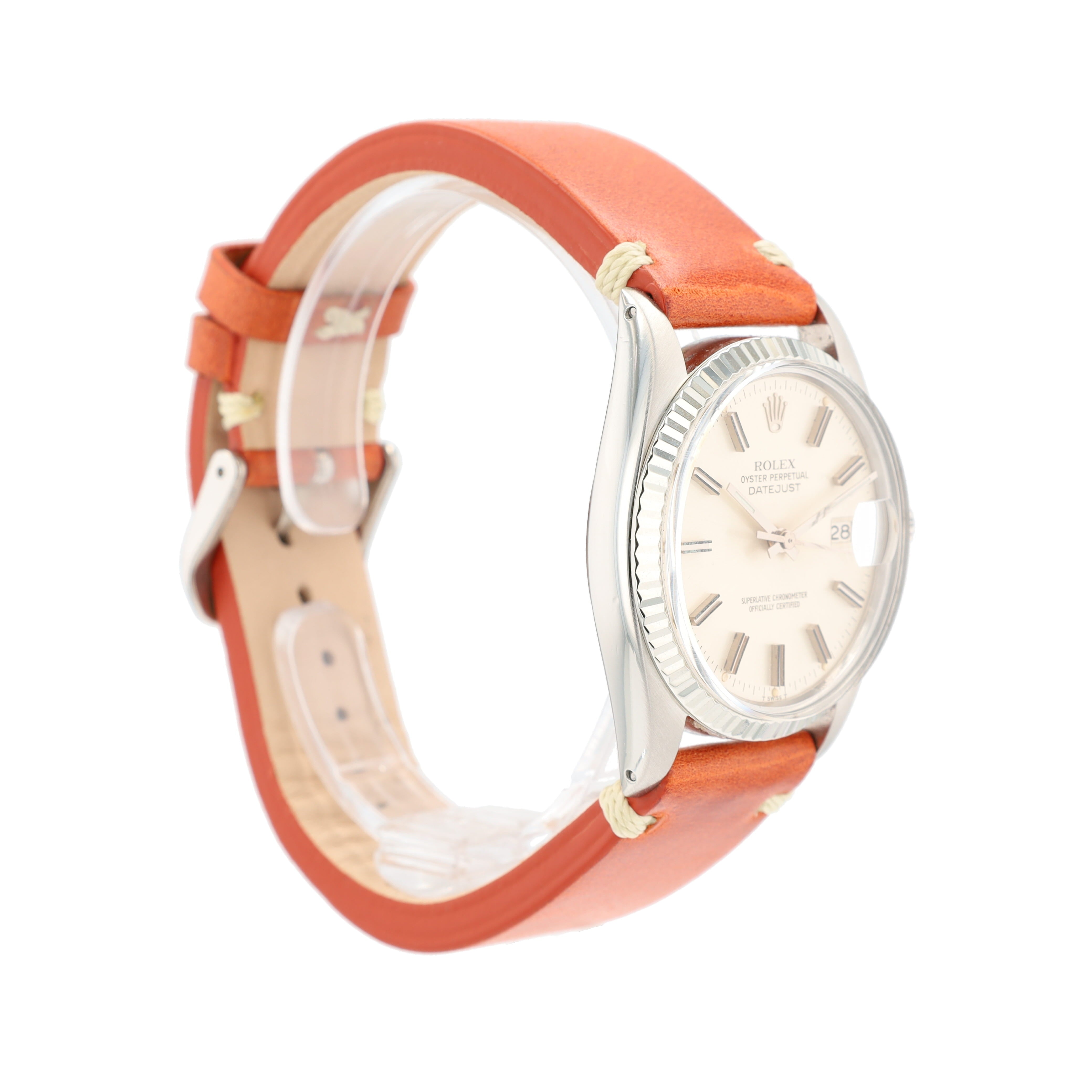 Rolex Datejust 16014 36mm Silver Index-Fatboy Dial Fluted Bezel Orange Leather Band - Luxuriant Concierge