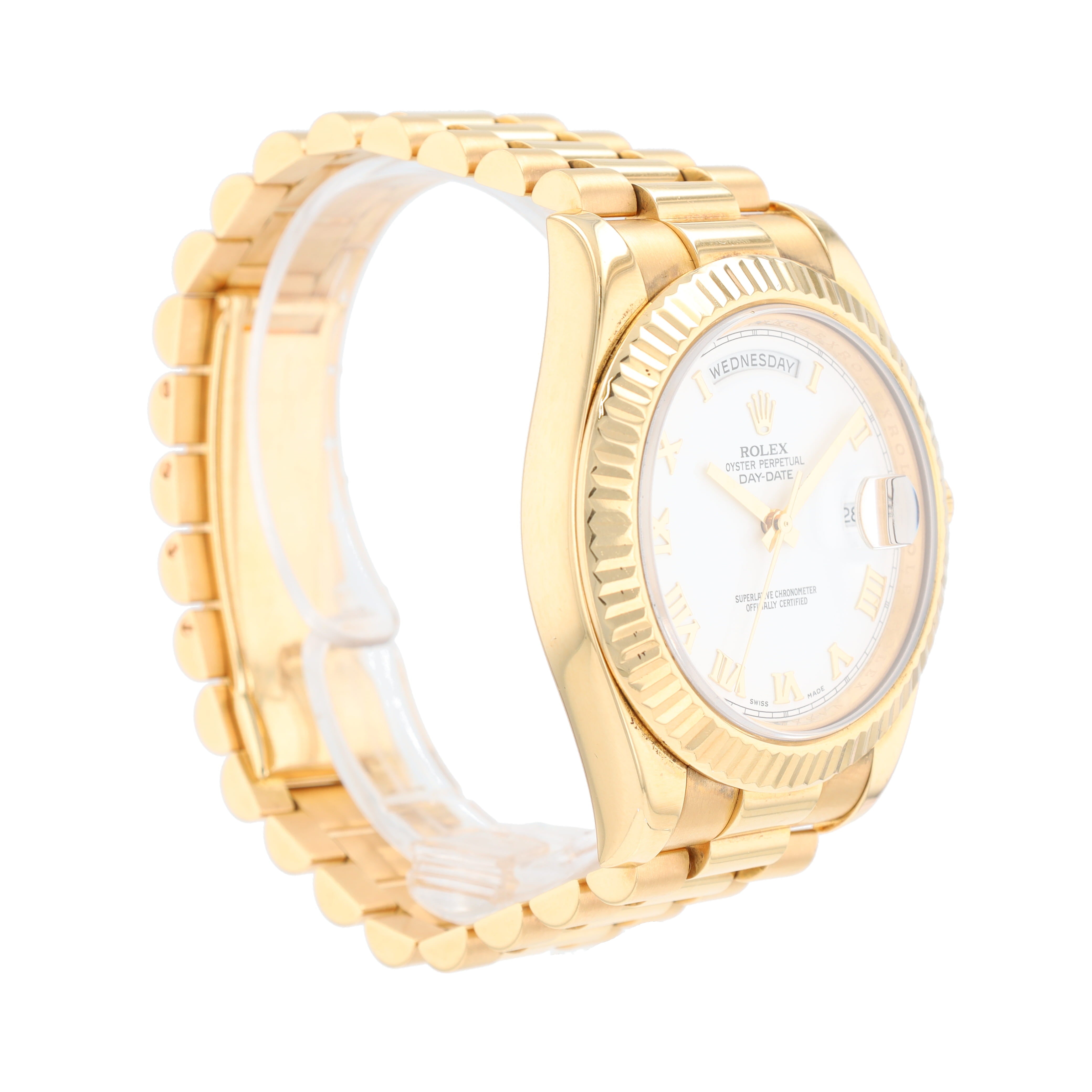 B&P Rolex Day-Date 218238 41mm White Skinny Roman Numeral Dial Fluted Bezel President Band - Luxuriant Concierge