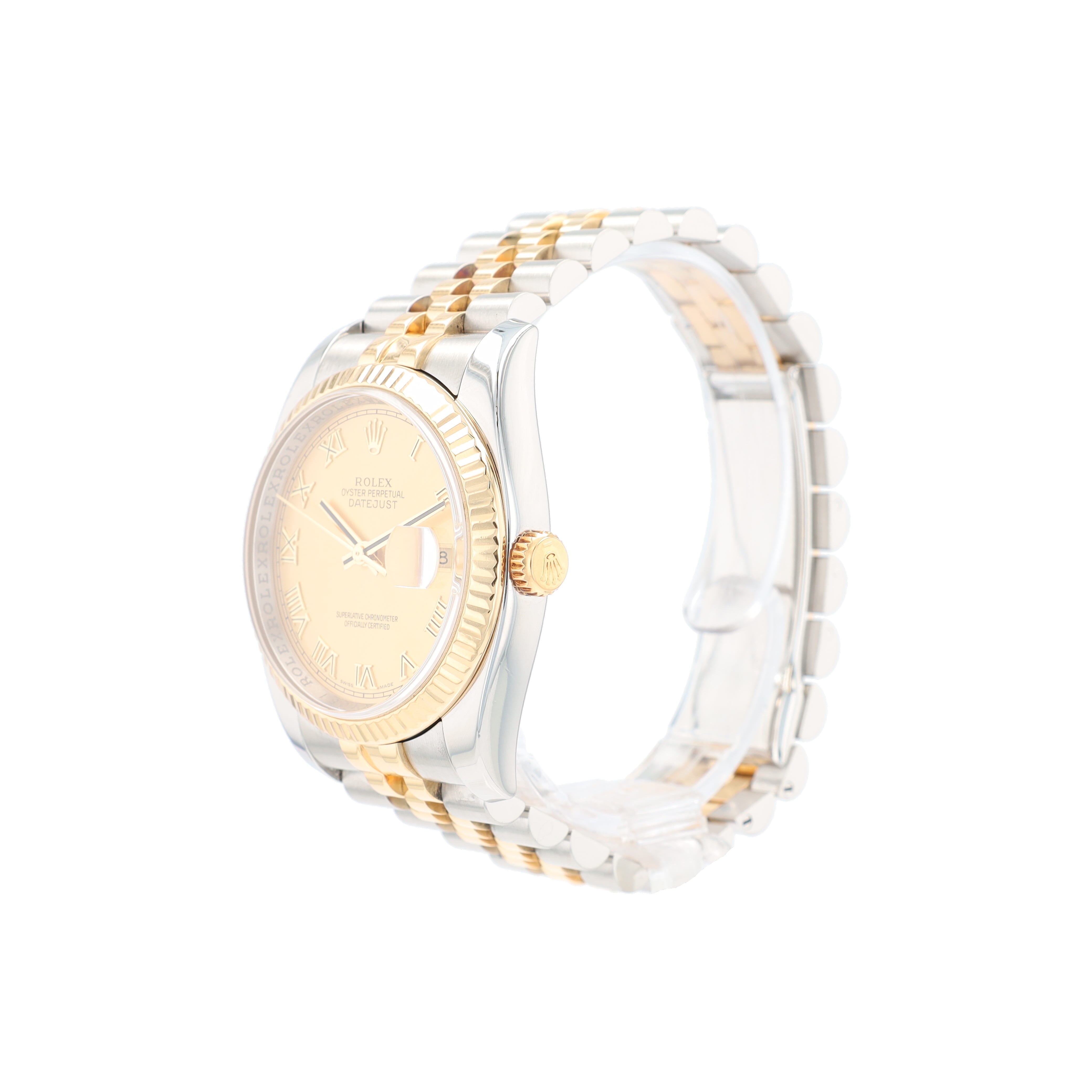 Rolex Datejust 116233 36mm Champagne Roman Numeral Dial Fluted Bezel Jubilee Band