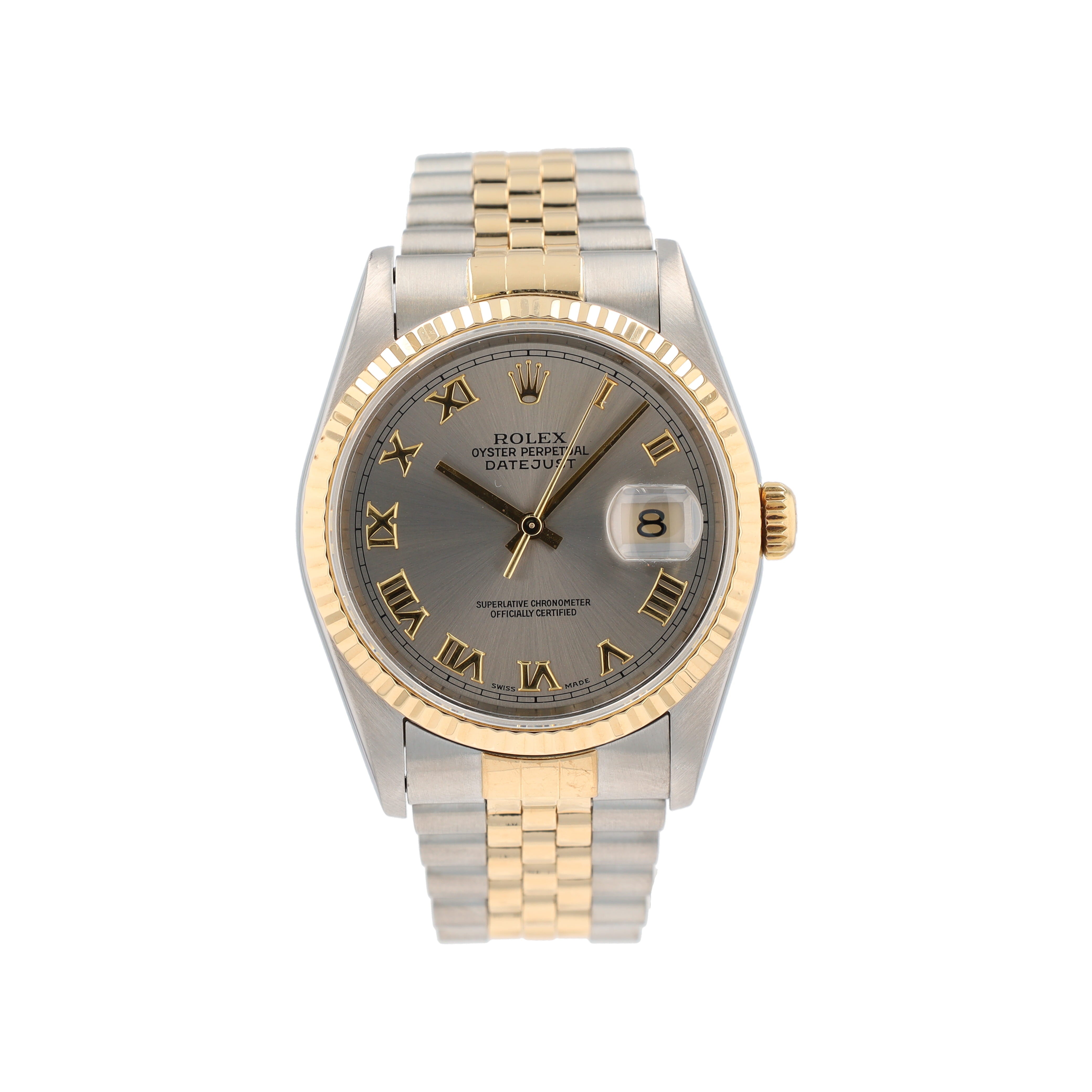 Rolex Datejust 16233 36mm Gray Roman Numeral Dial Fluted Bezel Jubilee Band - Luxuriant Concierge