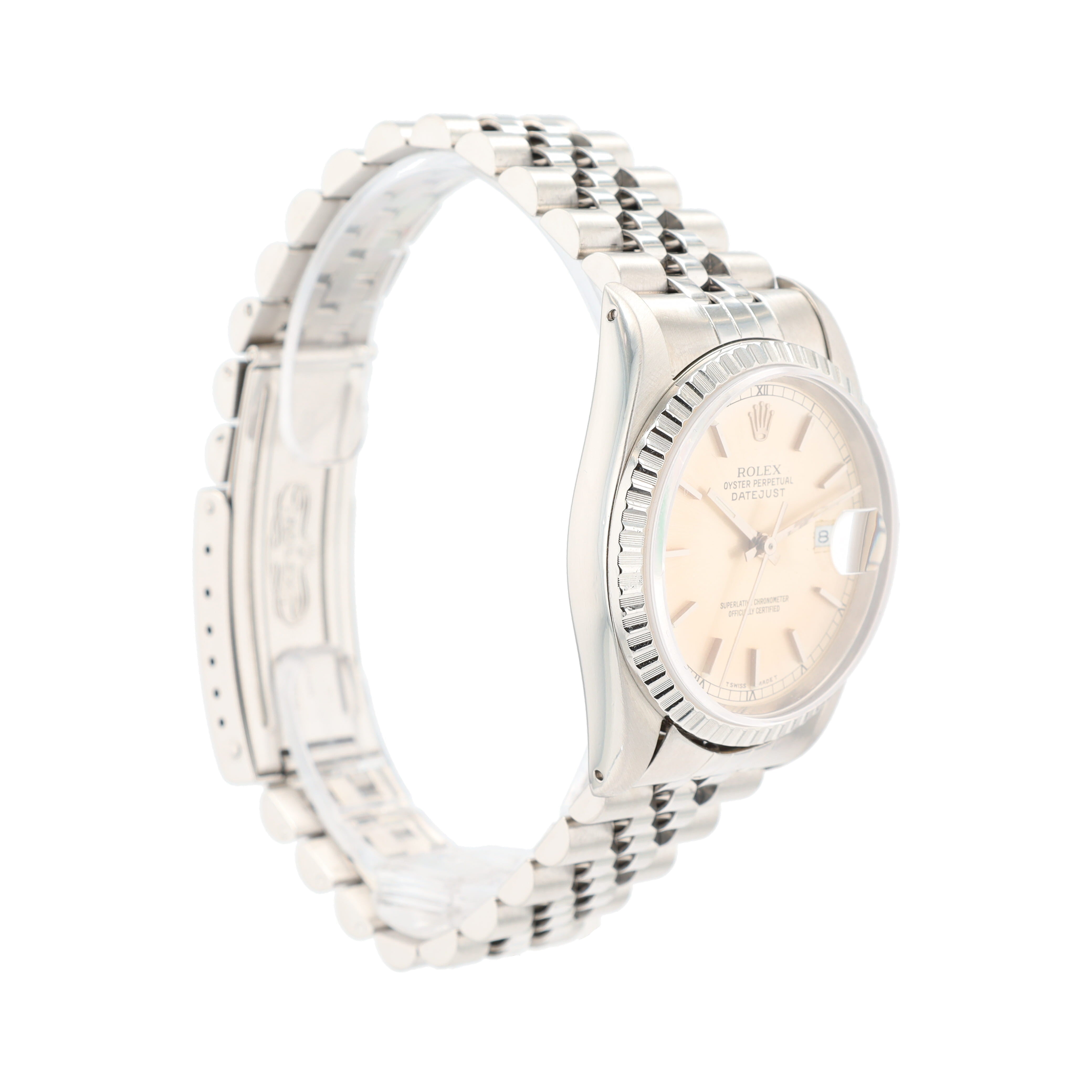Rolex Datejust 16220 36mm Silver (Patina) Index Dial Engine-turned Bezel Jubilee Band