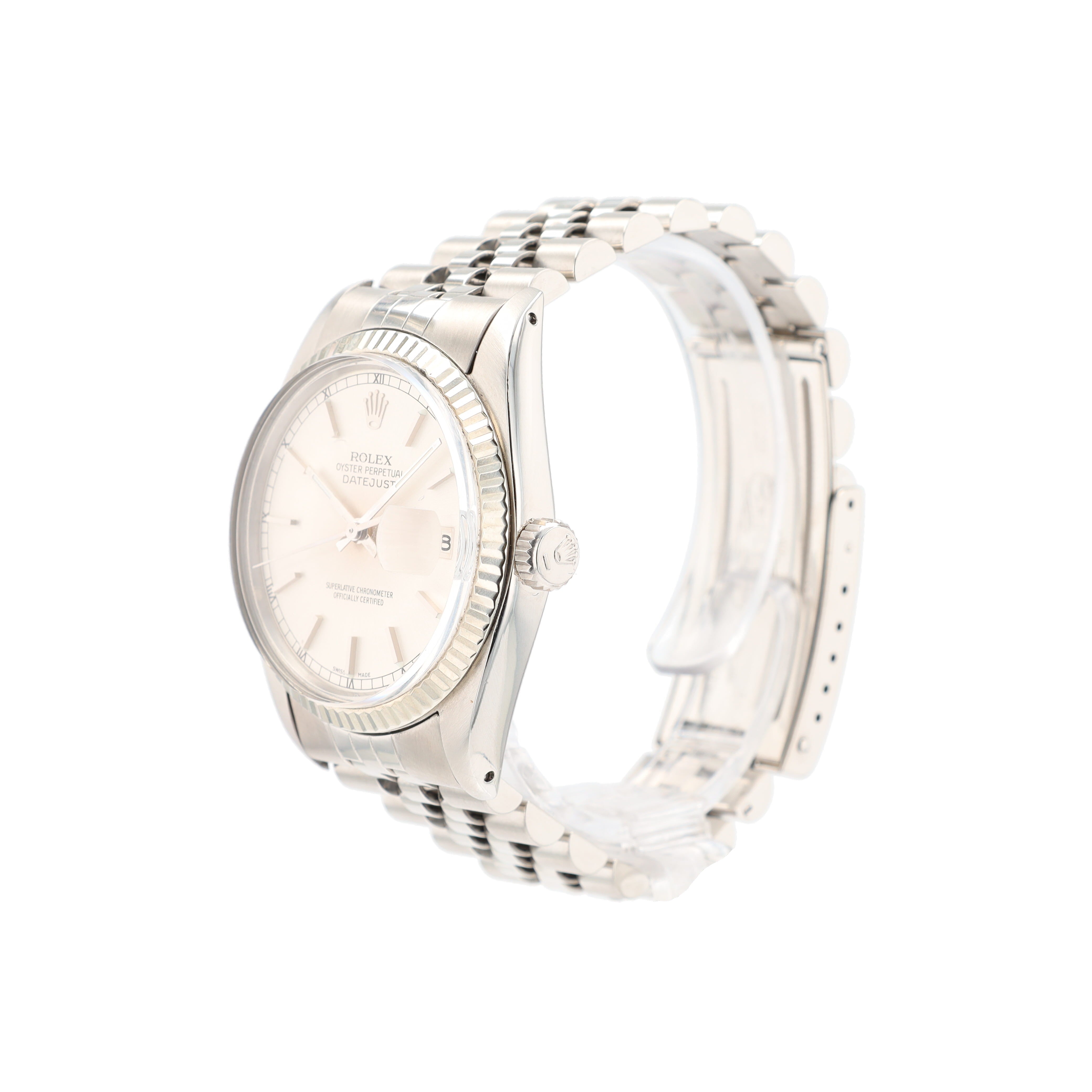 Rolex Datejust 16014 36mm Siler Index w/Roman Track Dial Fluted Bezel Jubilee Band