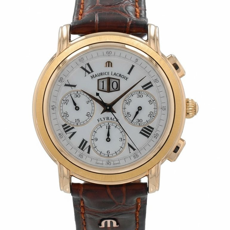 Maurice Lacroix MP Flyback 15829 White Chrono Roman Dial Leather Band Watch