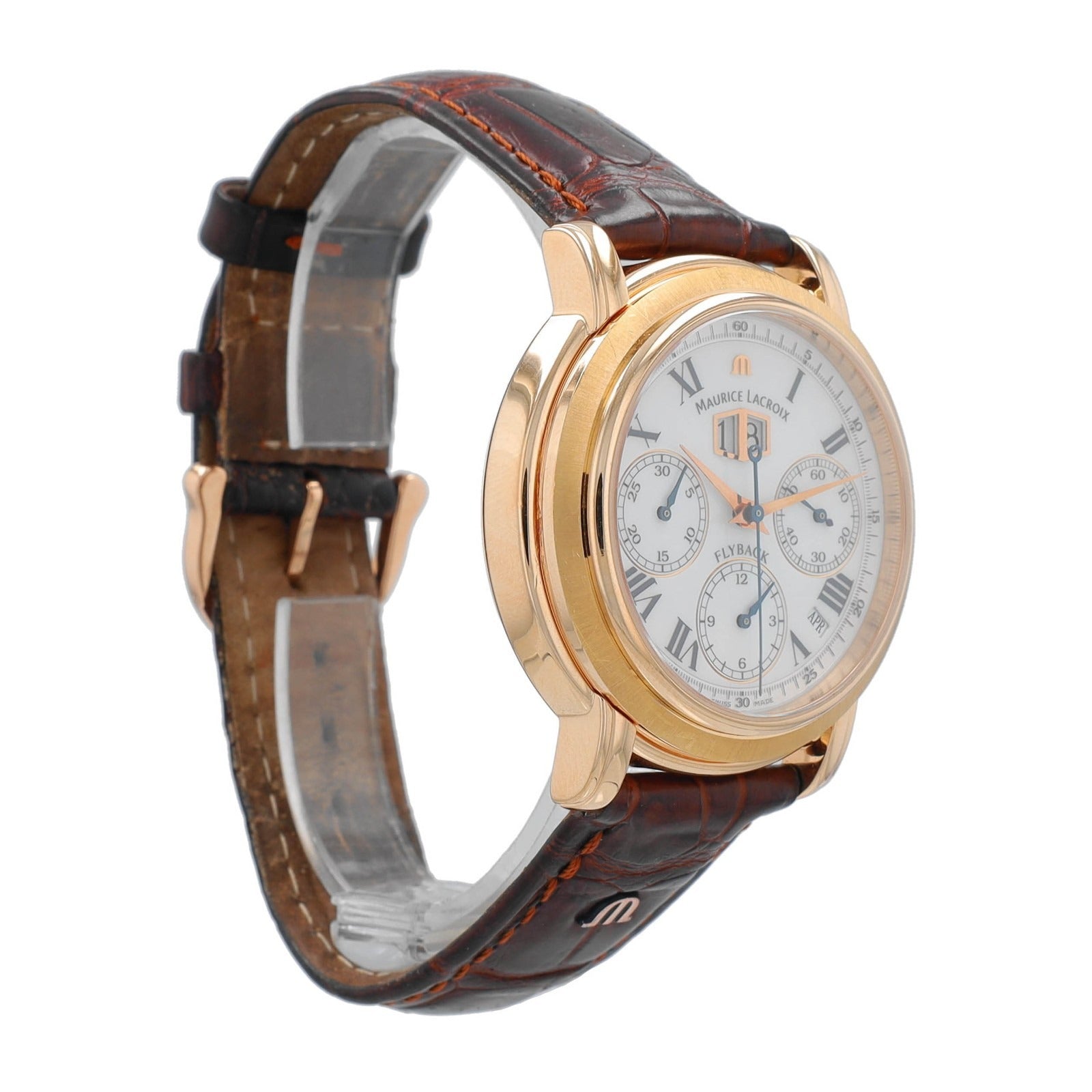 Maurice Lacroix MP Flyback 15829 White Chrono Roman Dial Leather Band Watch