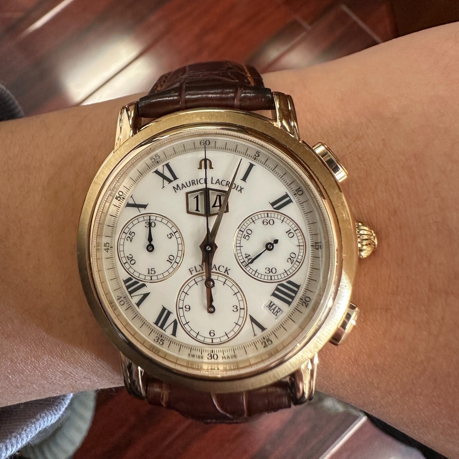 Maurice Lacroix MP Flyback 15829 White Chrono Roman Dial Leather Band Watch