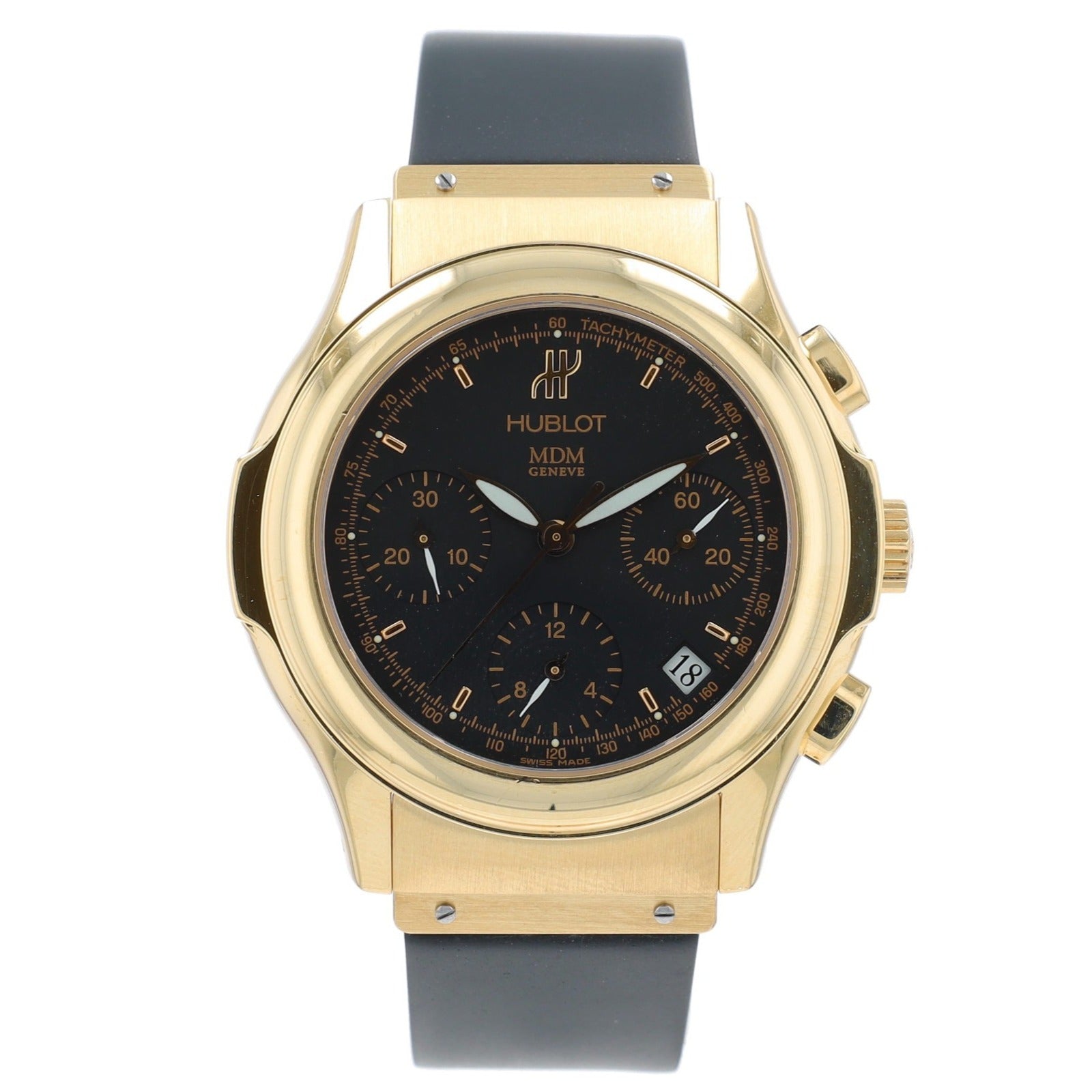 Hublot Mens Watch Solid 18K Yellow Gold Black Chronograph Dial Black Rubber Band