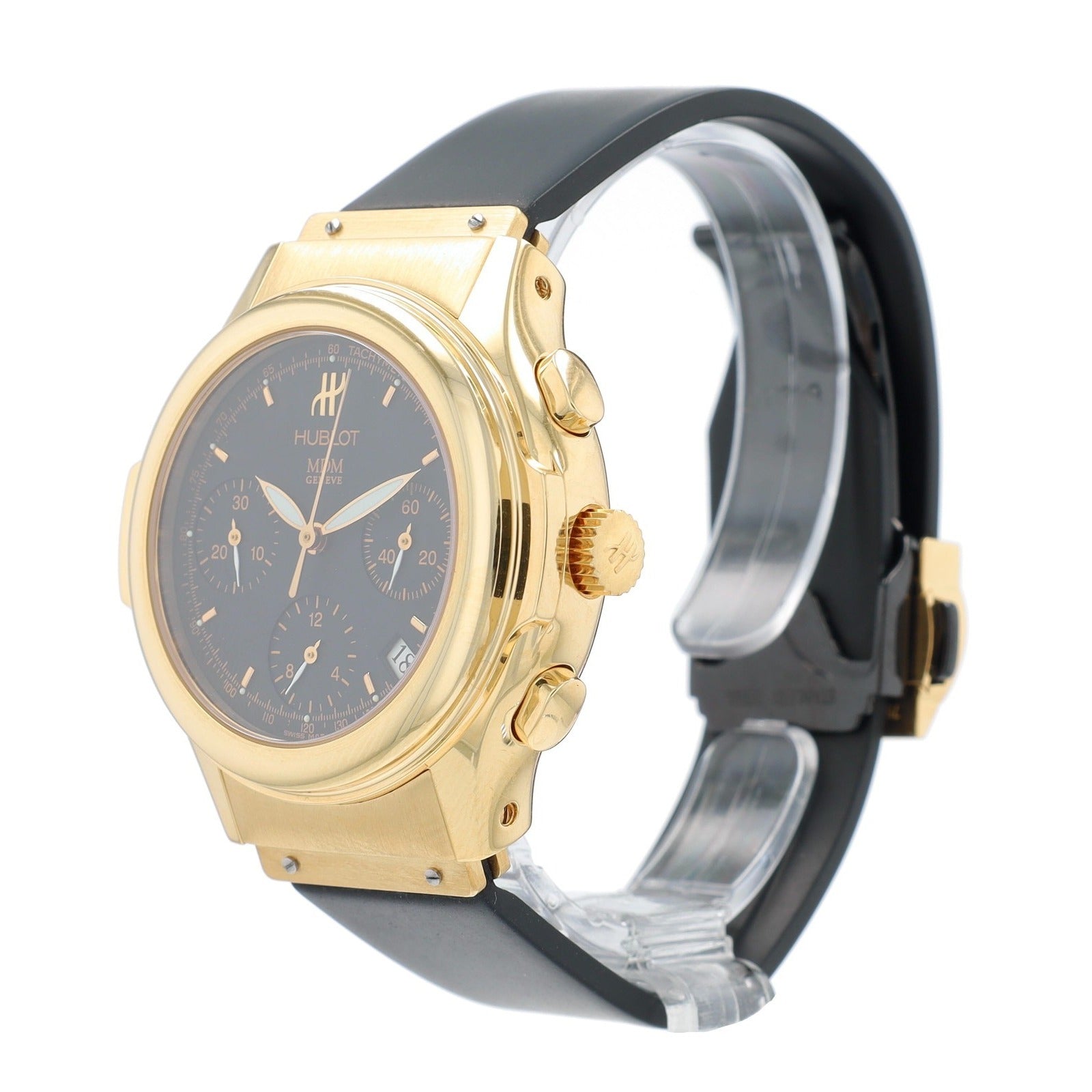 Hublot Mens Watch Solid 18K Yellow Gold Black Chronograph Dial Black Rubber Band