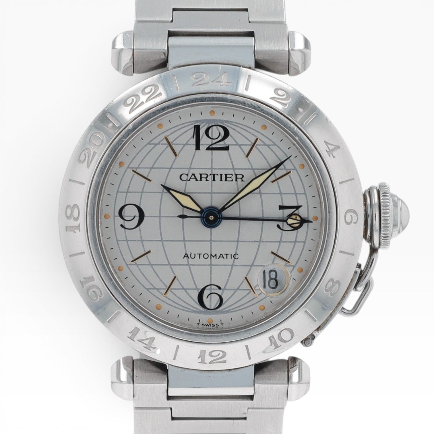 Cartier Pasha Stainless Steel 2377 GMT Bezel Silver Dial Automatic Watch - Luxuriant Concierge