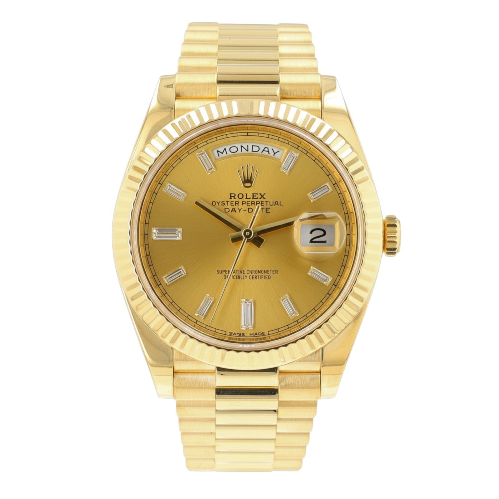 Rolex Day-Date 228238 40mm 18KY Gold Champagne Baguette Dial President Watch - Luxuriant Concierge