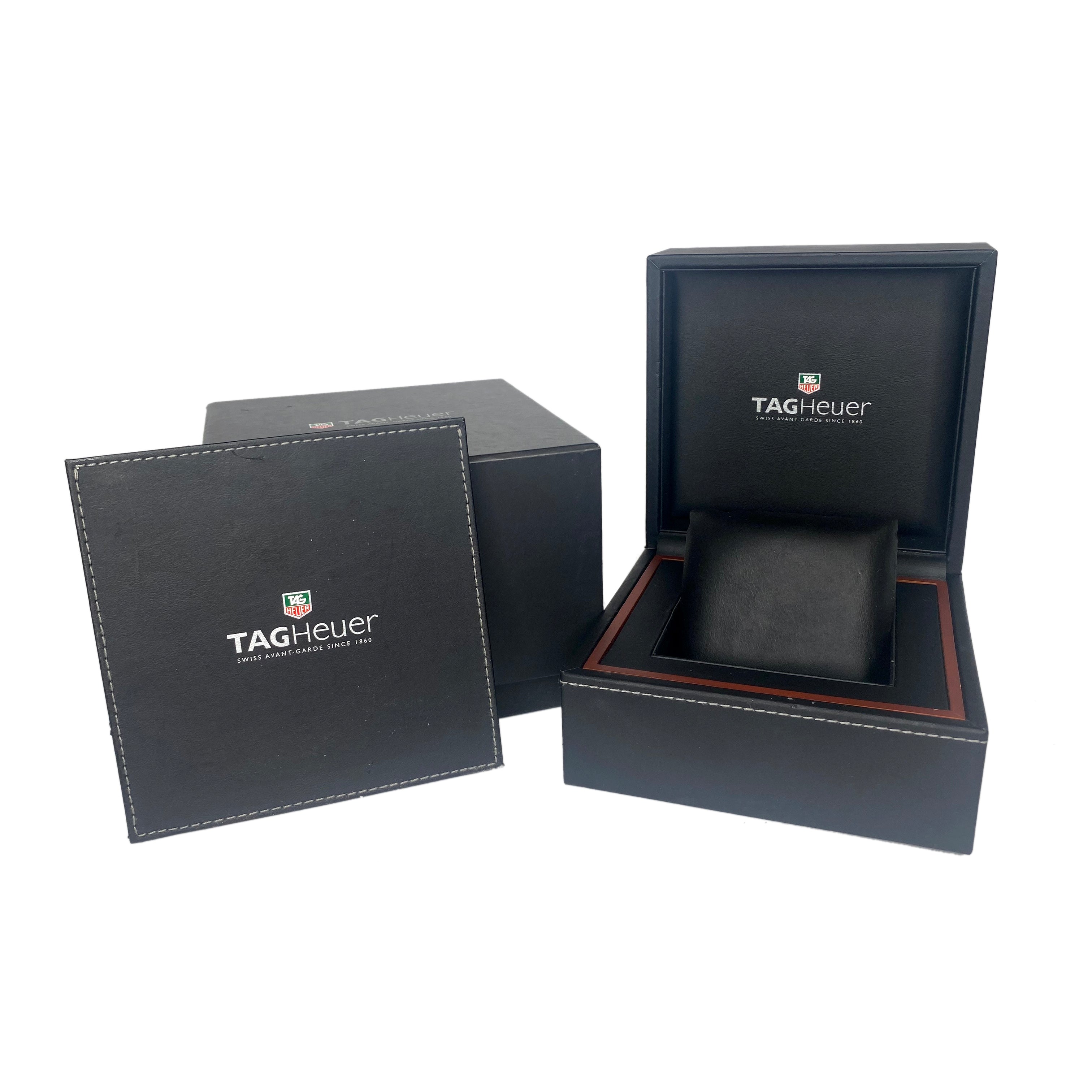 Tag Heuer Black Watch Box with watch pillow and watch booklet - luxuriantconcierge