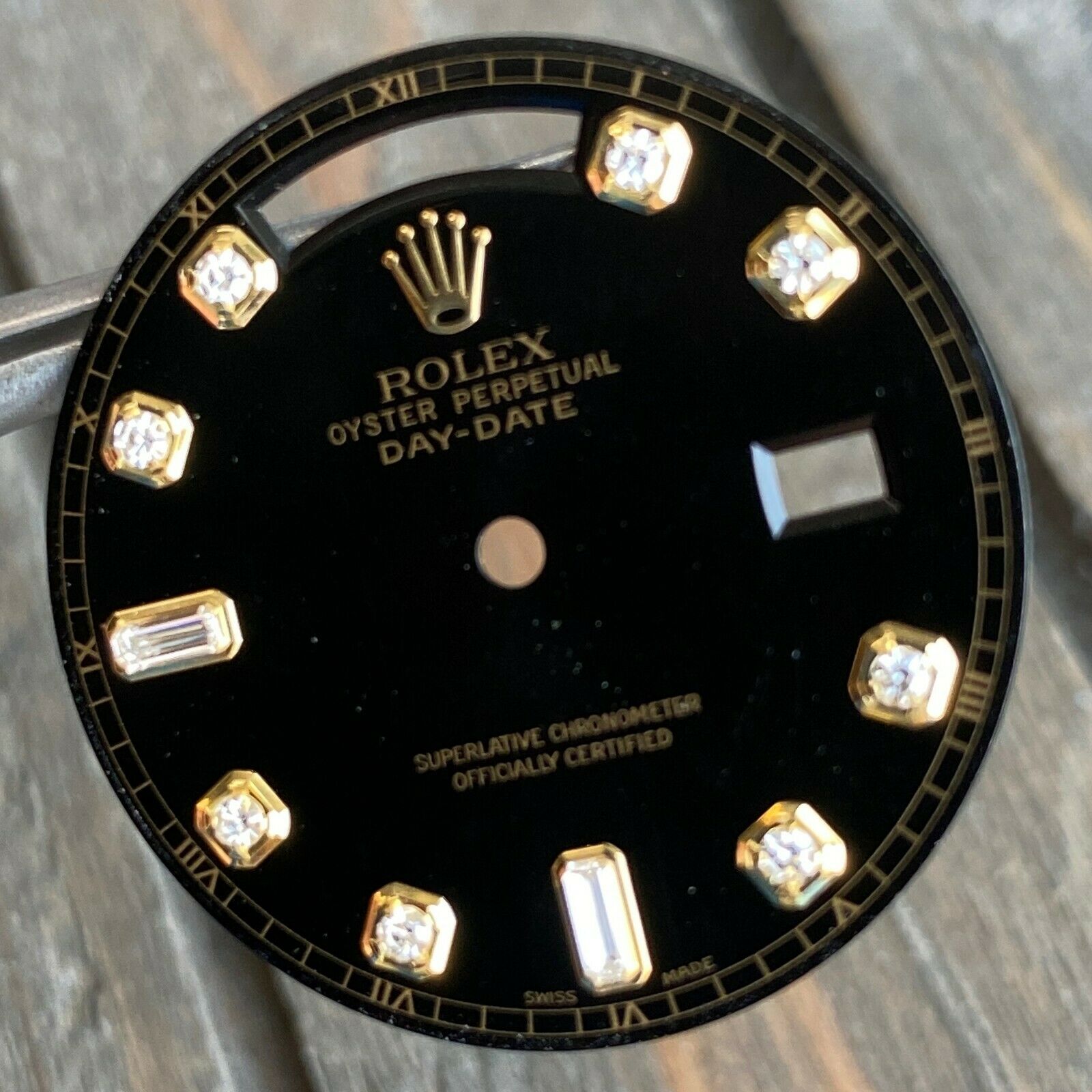 Rolex Day-Date Black Diamond Dial 8+2 Baguette Marker 18K Yellow Gold - luxuriantconcierge