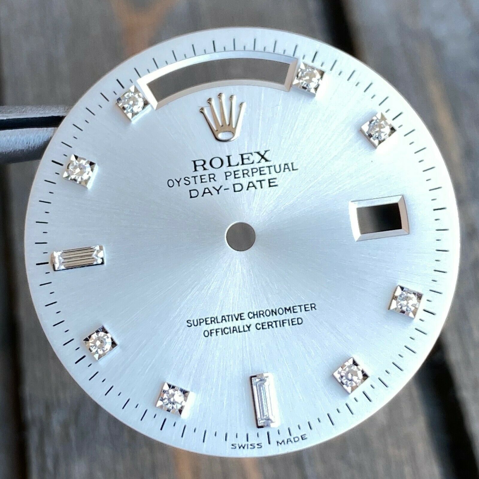 Original Rolex Day-Date 18K White Gold Silver Diamond Dial & Baguette Diamonds - luxuriantconcierge
