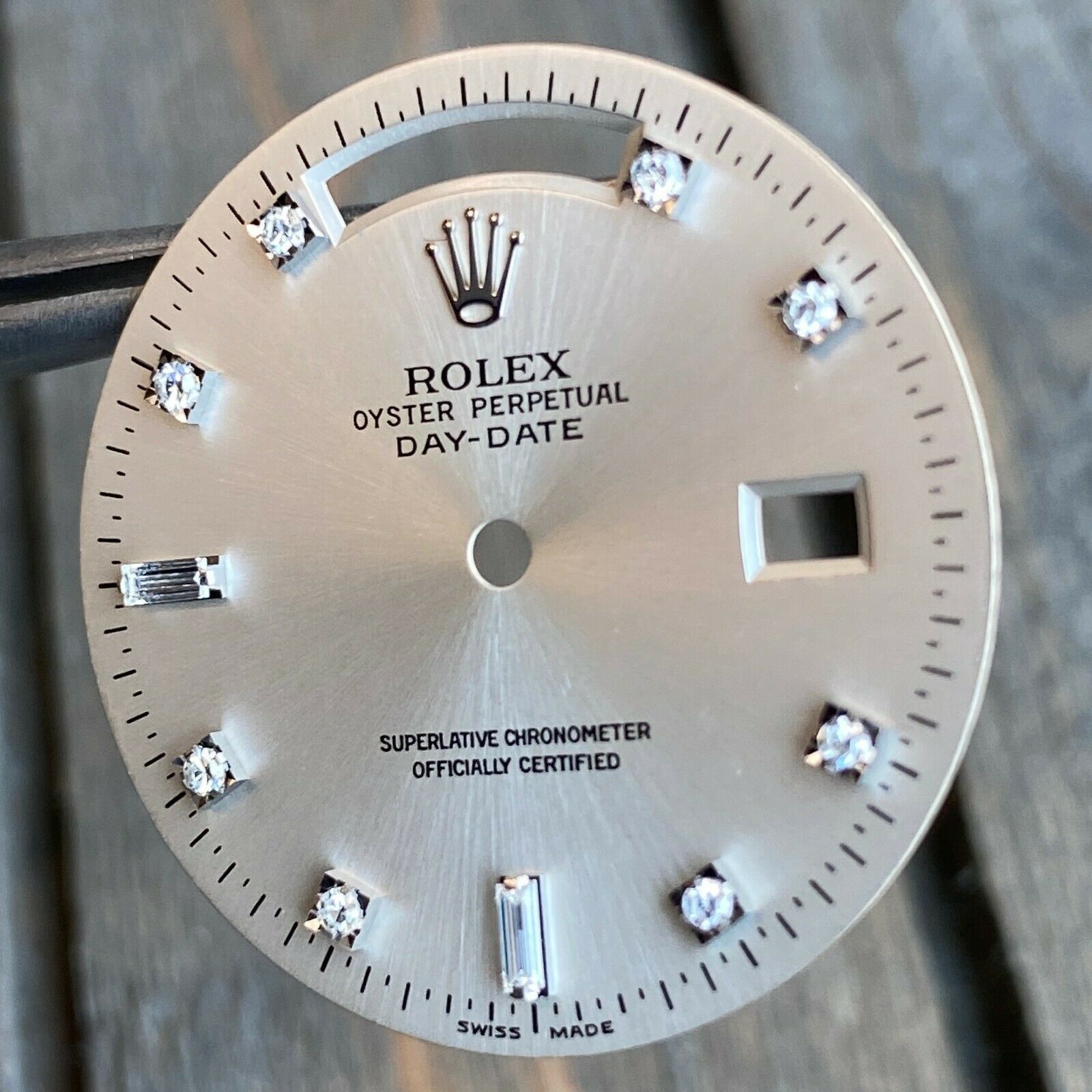 Original Rolex Day-Date 18K White Gold Silver Diamond Dial & Baguette Diamonds - luxuriantconcierge