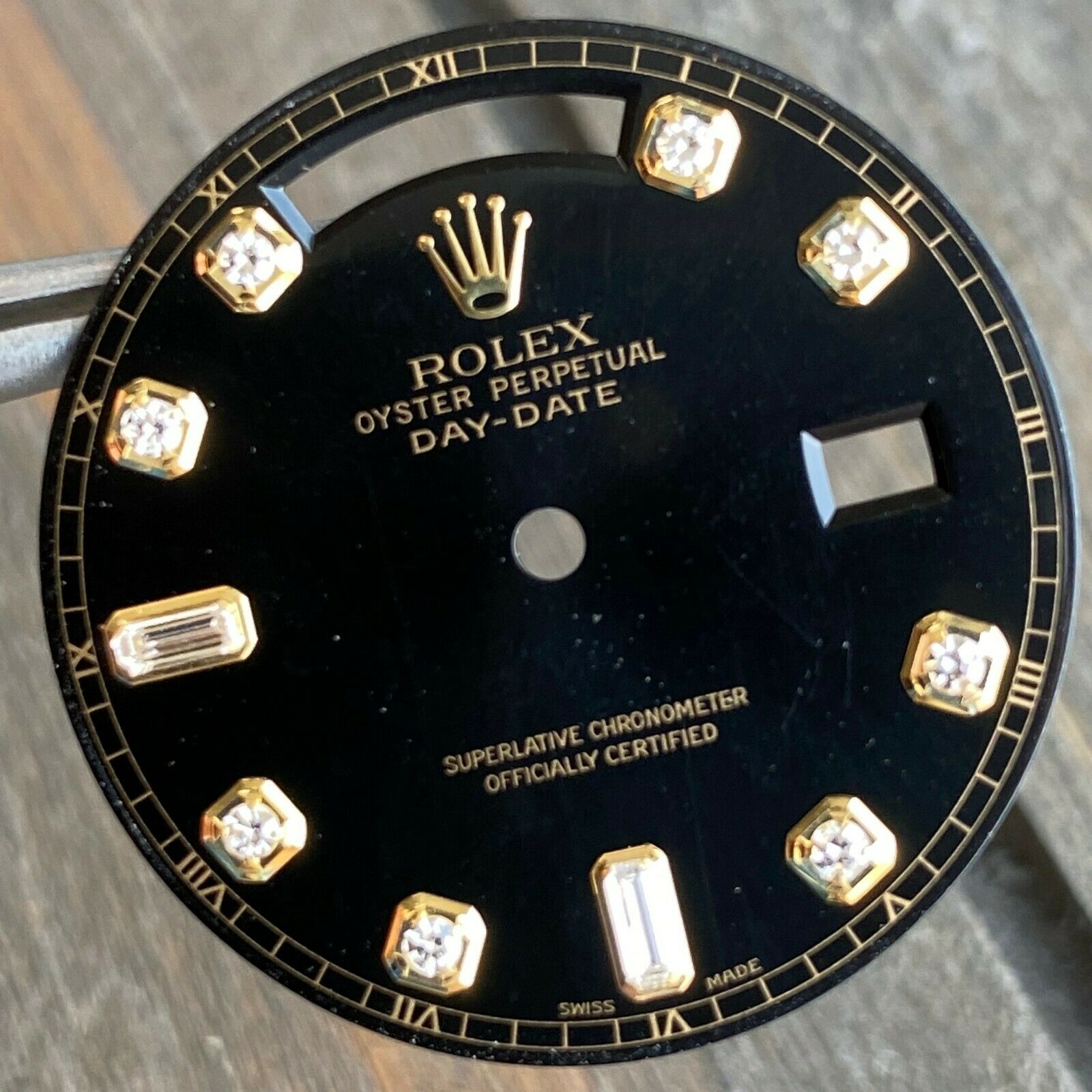 Rolex Day-Date Black Diamond Dial 8+2 Baguette Marker 18K Yellow Gold - luxuriantconcierge